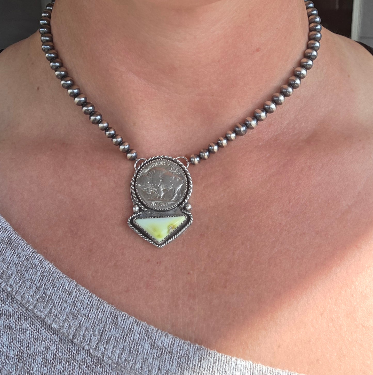 Buffalo Coin• Palomino • Sterling Silver Navajo Style Pearl 15.5 inches