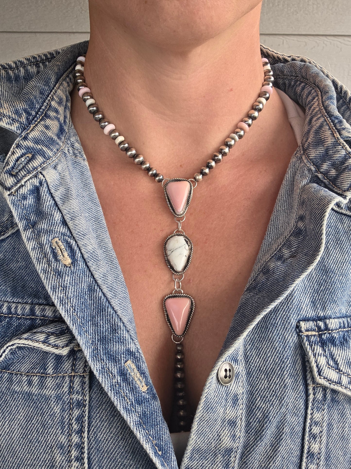 Pink Conch & White Buffalo Sterling Silver Navajo Style Pearls, White Buffalo, & Pink Conch 16 inches. 6 inch drop