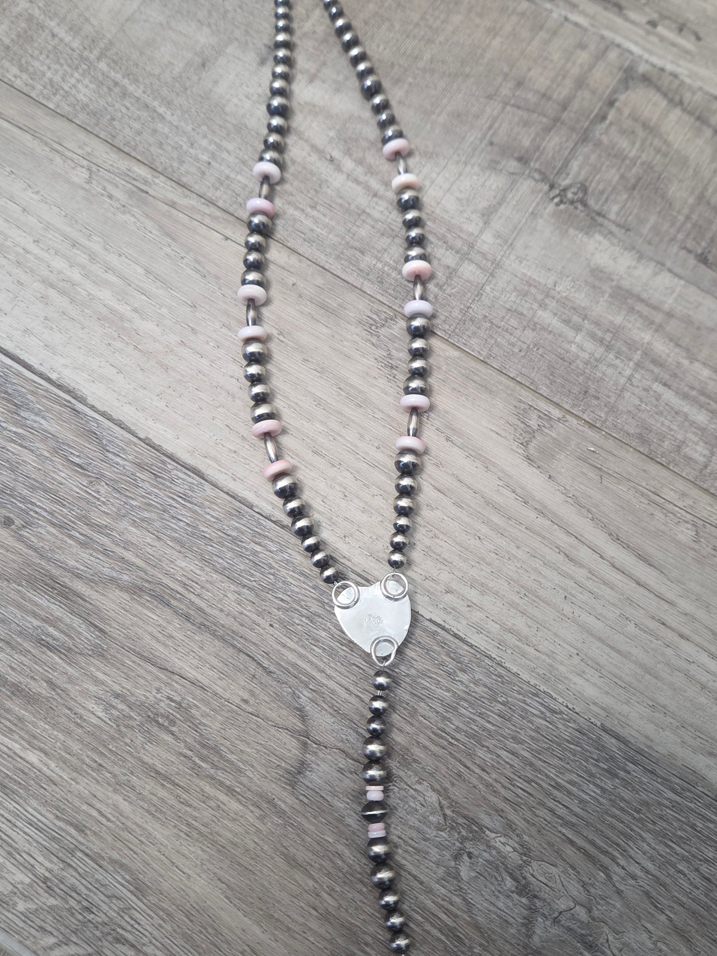 Pink Conch Lariat & Sterling Silver Navajo Style Pearls 16.5 inches