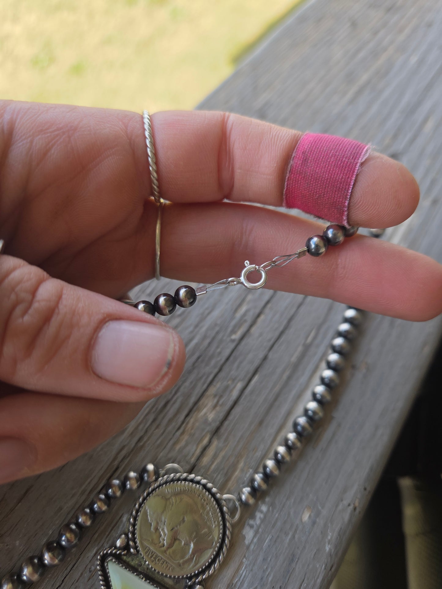 Buffalo Coin• Palomino • Sterling Silver Navajo Style Pearl 15.5 inches