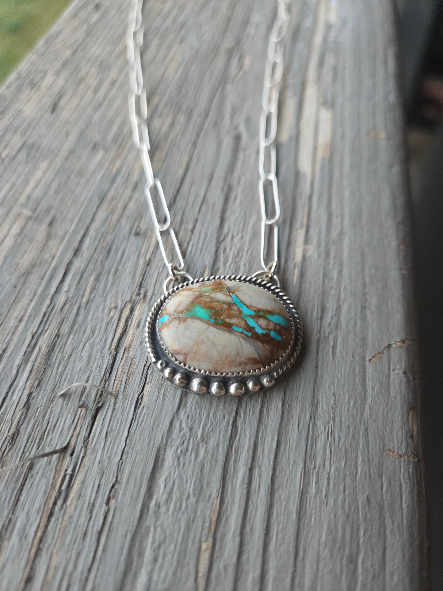 Boulder Turquoise on Paper Clip sterling Silver Chain