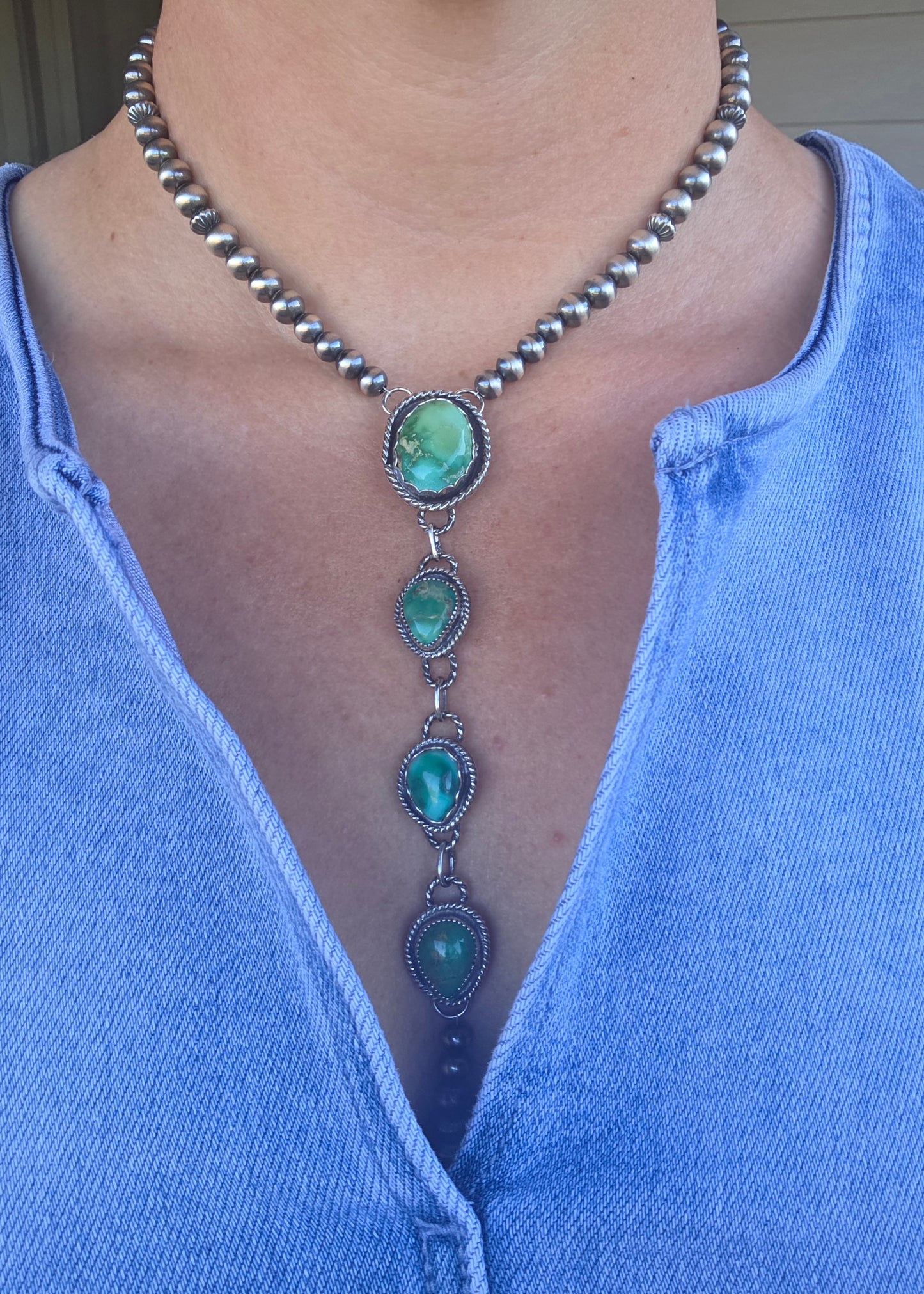 Choker Lariet Emerald Valley & Sonoran Turquoise & Sterling Silver Navajo Style Pearl • 16 inches with 6 inch drop