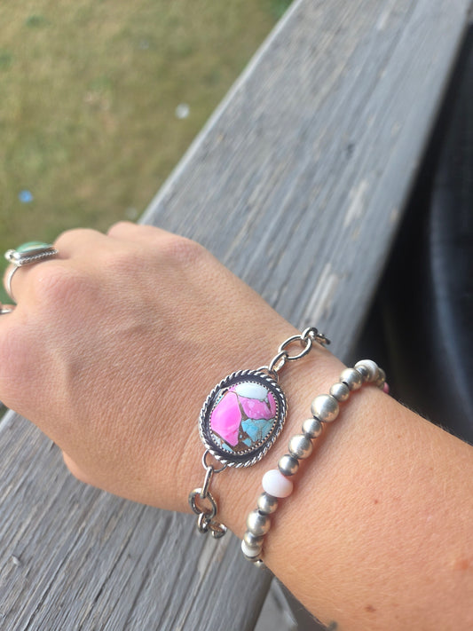 Sterling Silver Chain link adjustable bracelet & Cotton Candy Turquoise