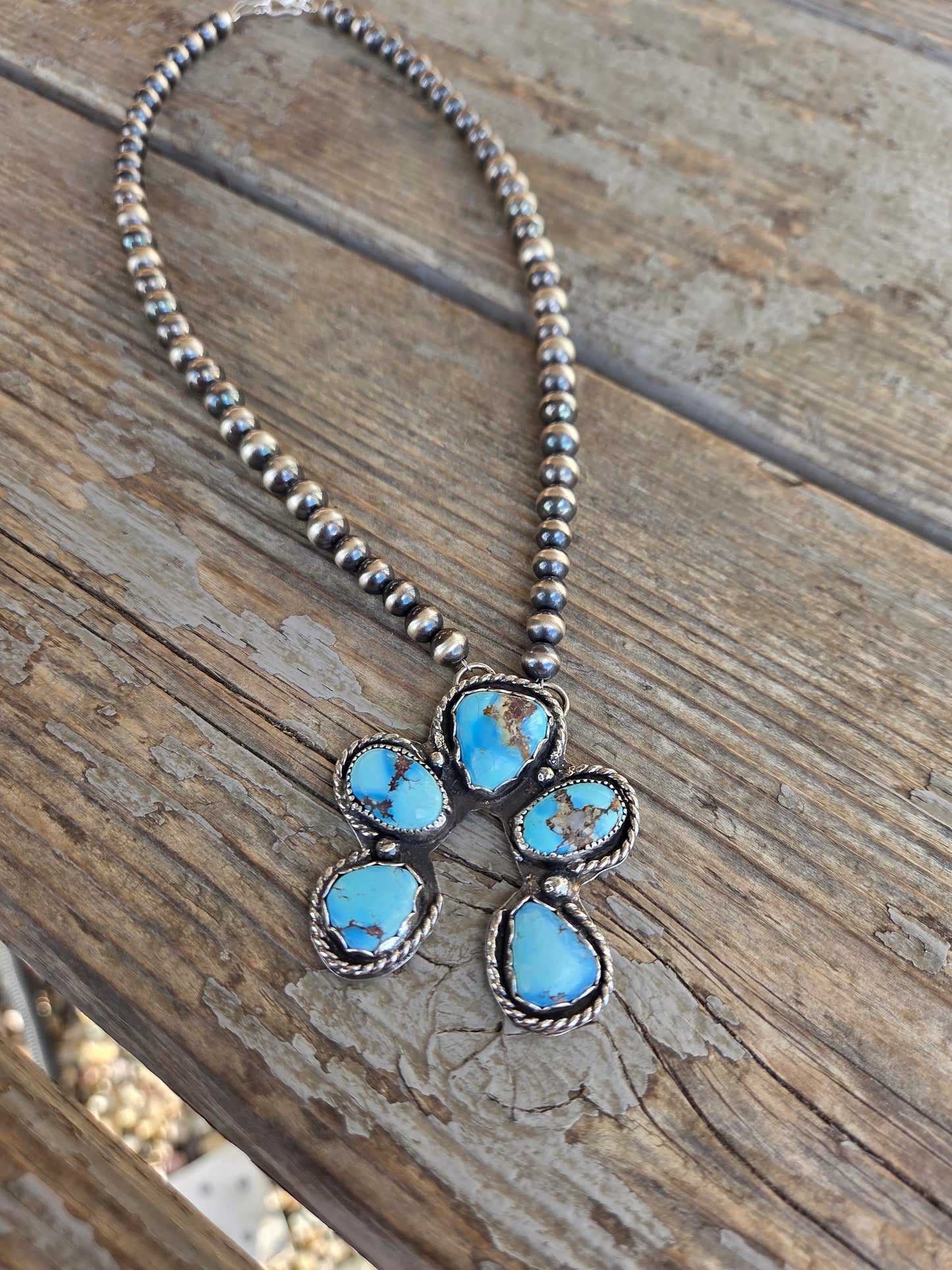 Golden Hill Turquoise, Sterling Silver Navajo Style Pearls. 17 inches