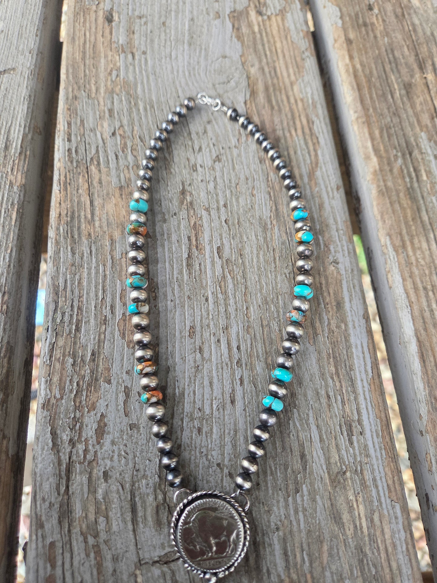 Buffalo Coin• Spiny Oyster Kingsmen Turquoise • Sterling Silver Navajo Style Pearl