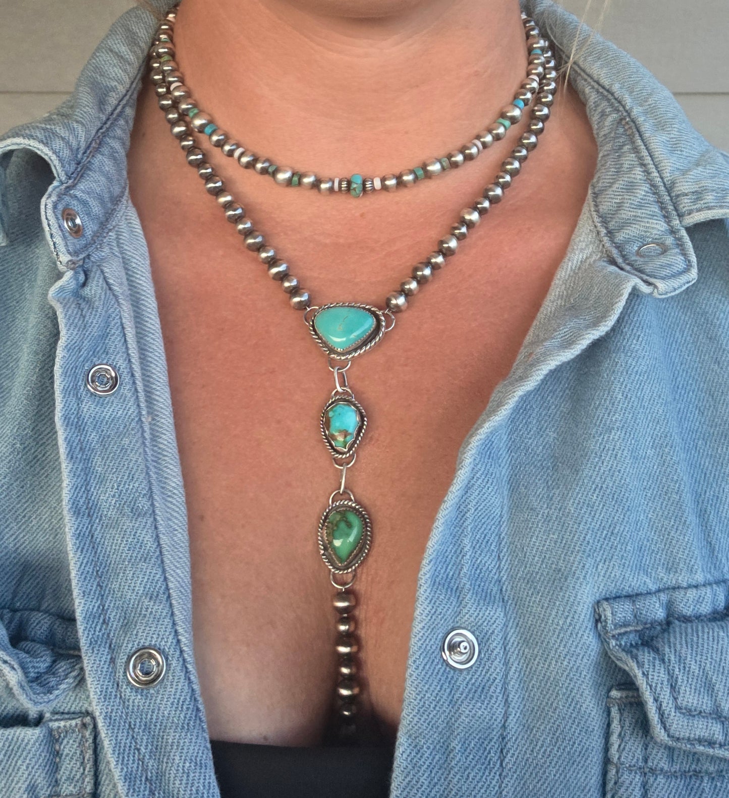 Sterling Silver Navajo Style Pearls • Sonoran • Chilean Turquoise  18 inches