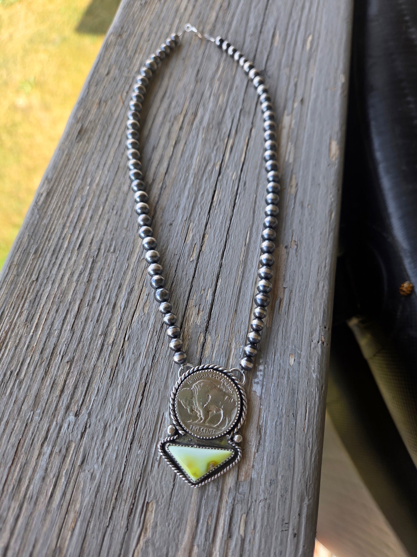 Buffalo Coin• Palomino • Sterling Silver Navajo Style Pearl 15.5 inches