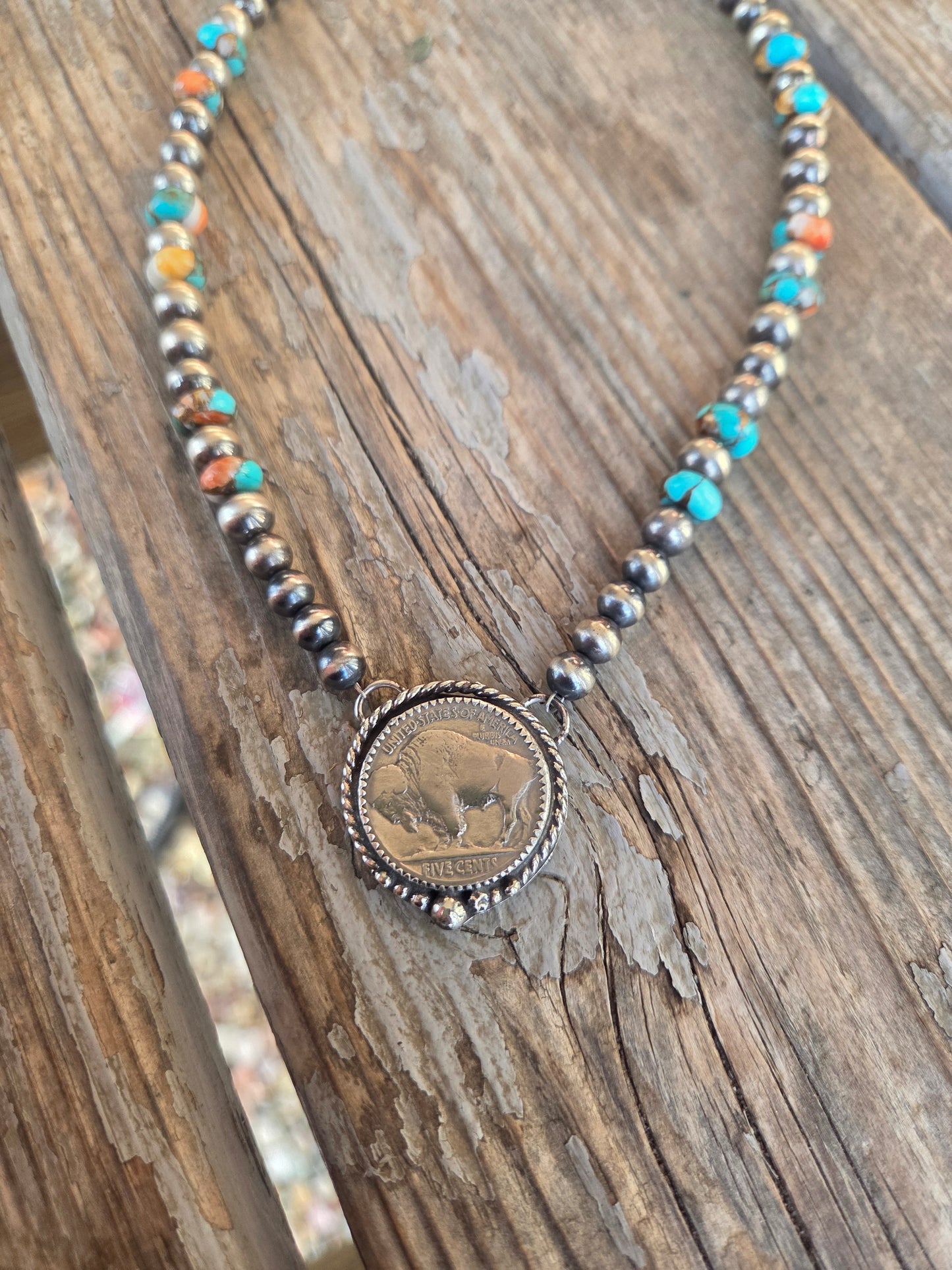 Buffalo Coin• Spiny Oyster Kingsmen Turquoise • Sterling Silver Navajo Style Pearl