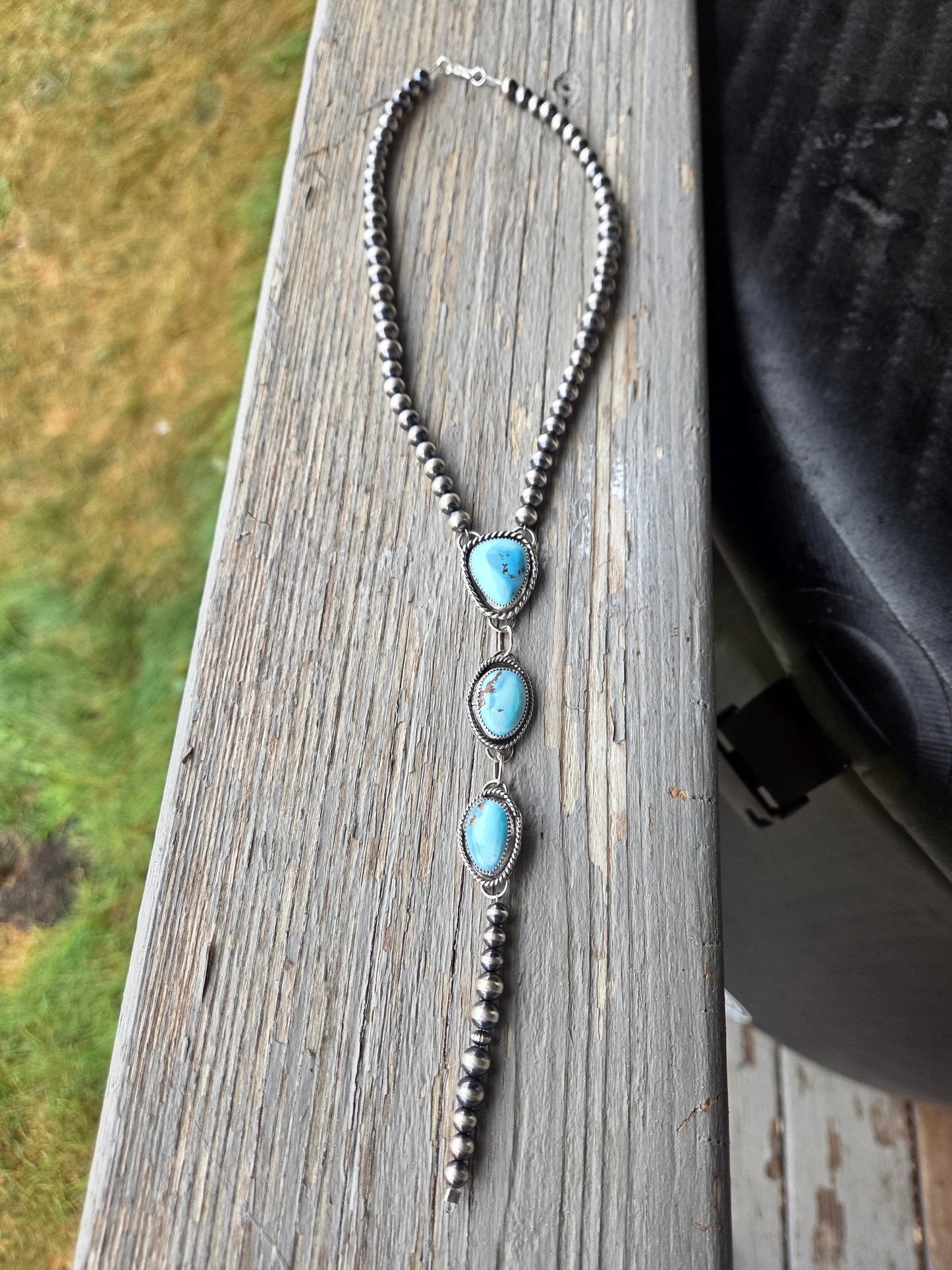 Choker Lariet Golden Hill Turquoise & Sterling Silver Navajo Style Pearl • 15.5 inches with 6 inch drop