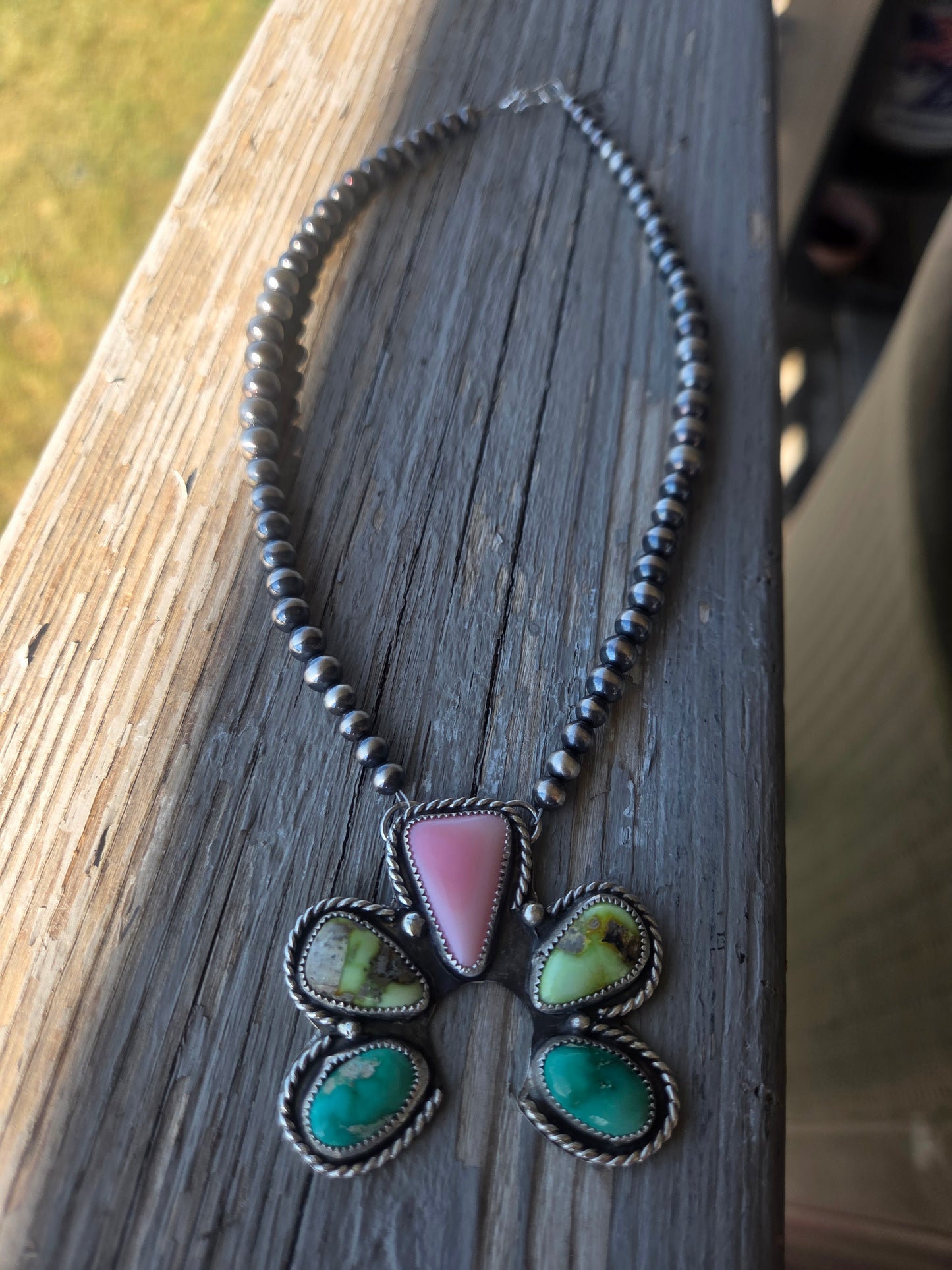 Palomino, Pink Conch, Emerald Valley Turquoise, Sterling Silver Navajo Style Pearls. 16 inches
