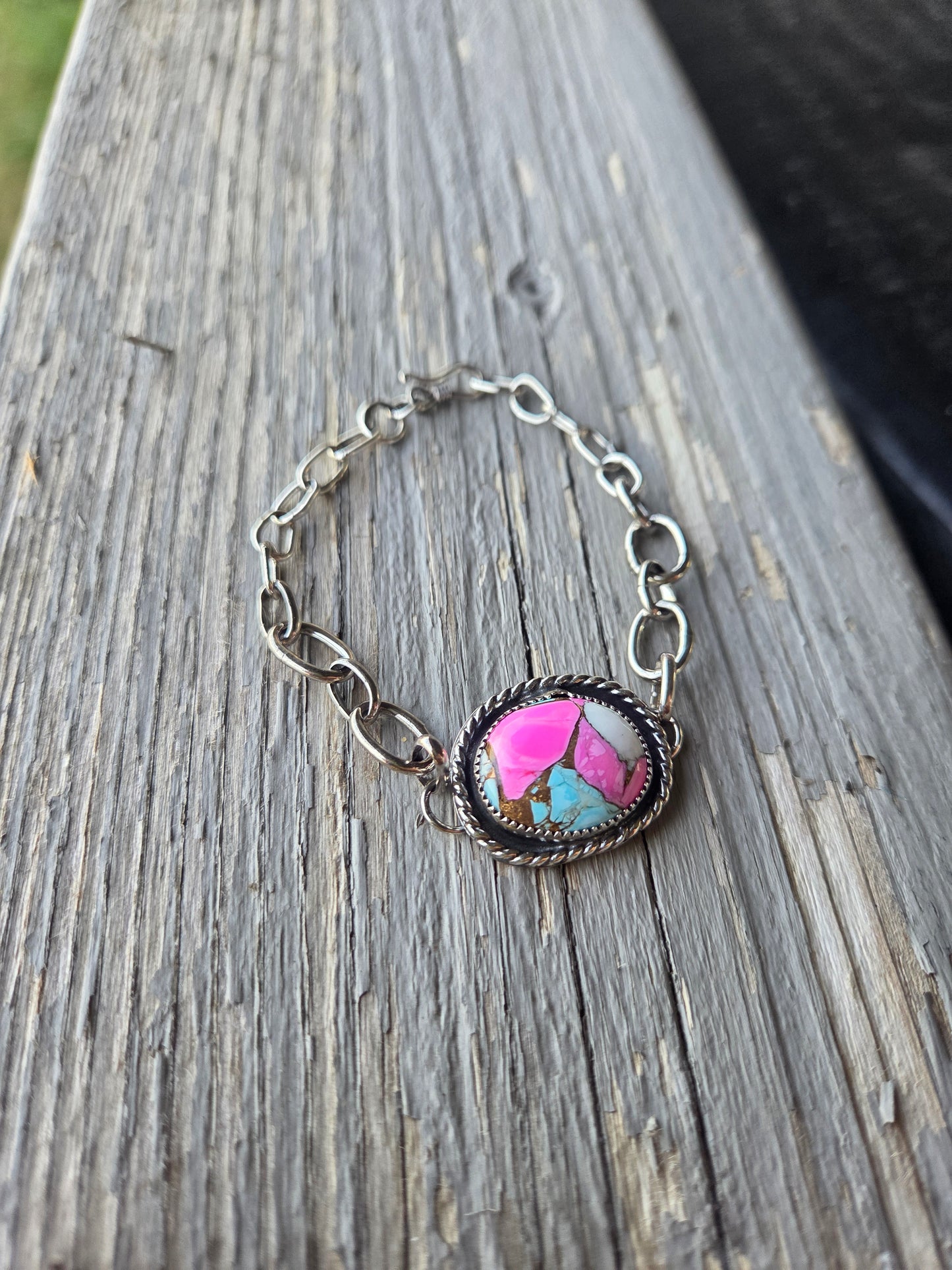 Sterling Silver Chain link adjustable bracelet & Cotton Candy Turquoise