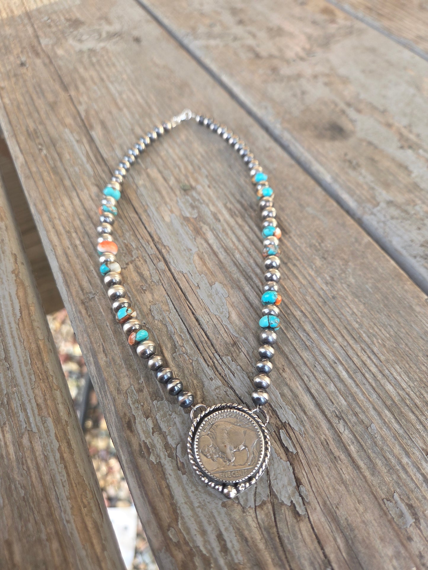 Buffalo Coin• Spiny Oyster Kingsmen Turquoise • Sterling Silver Navajo Style Pearl