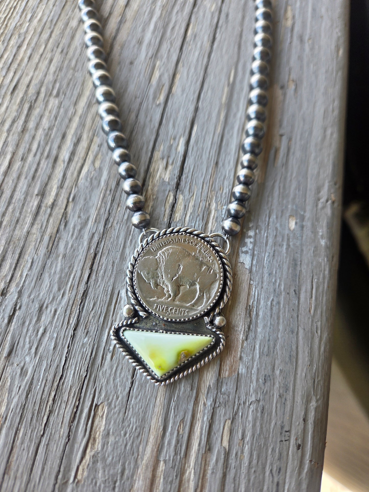 Buffalo Coin• Palomino • Sterling Silver Navajo Style Pearl 15.5 inches