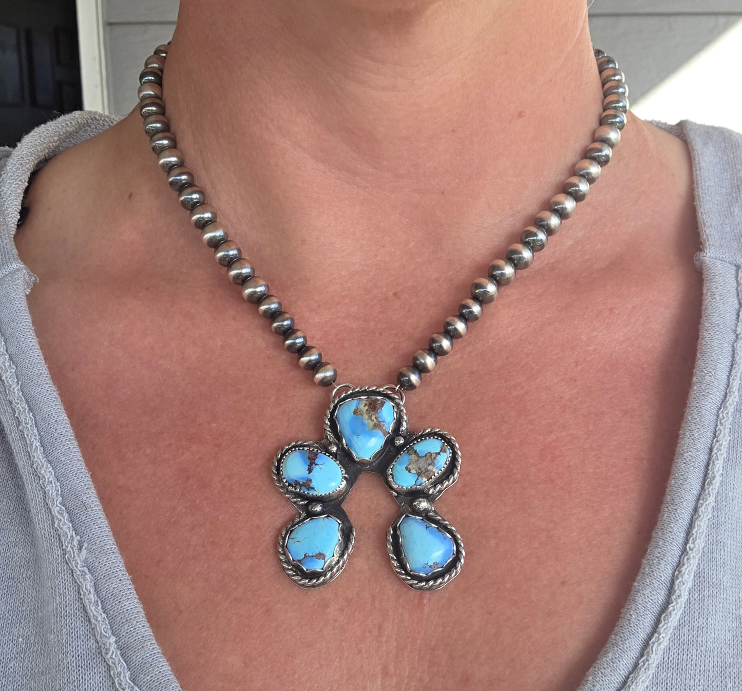 Golden Hill Turquoise, Sterling Silver Navajo Style Pearls. 17 inches