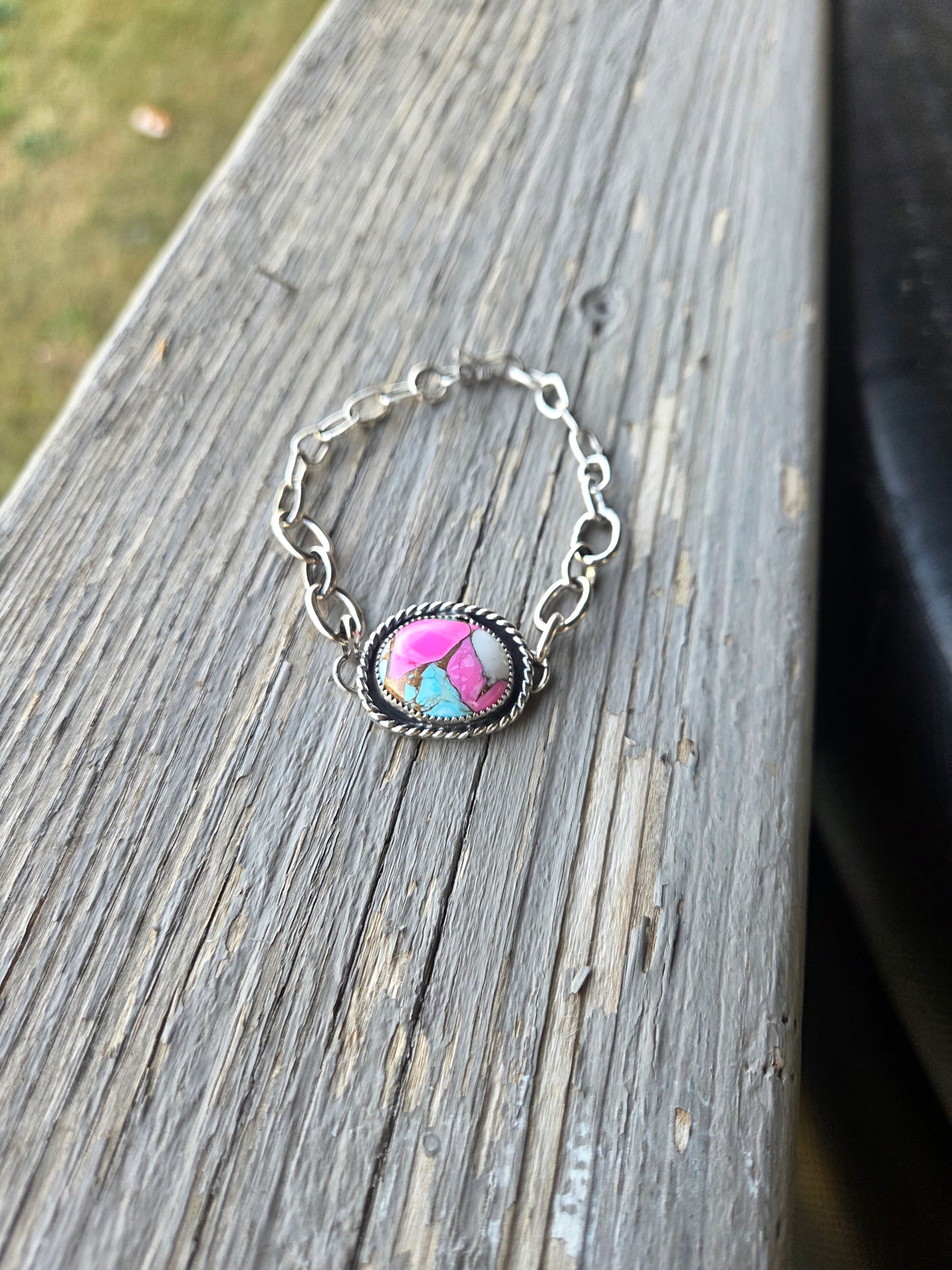 Sterling Silver Chain link adjustable bracelet & Cotton Candy Turquoise