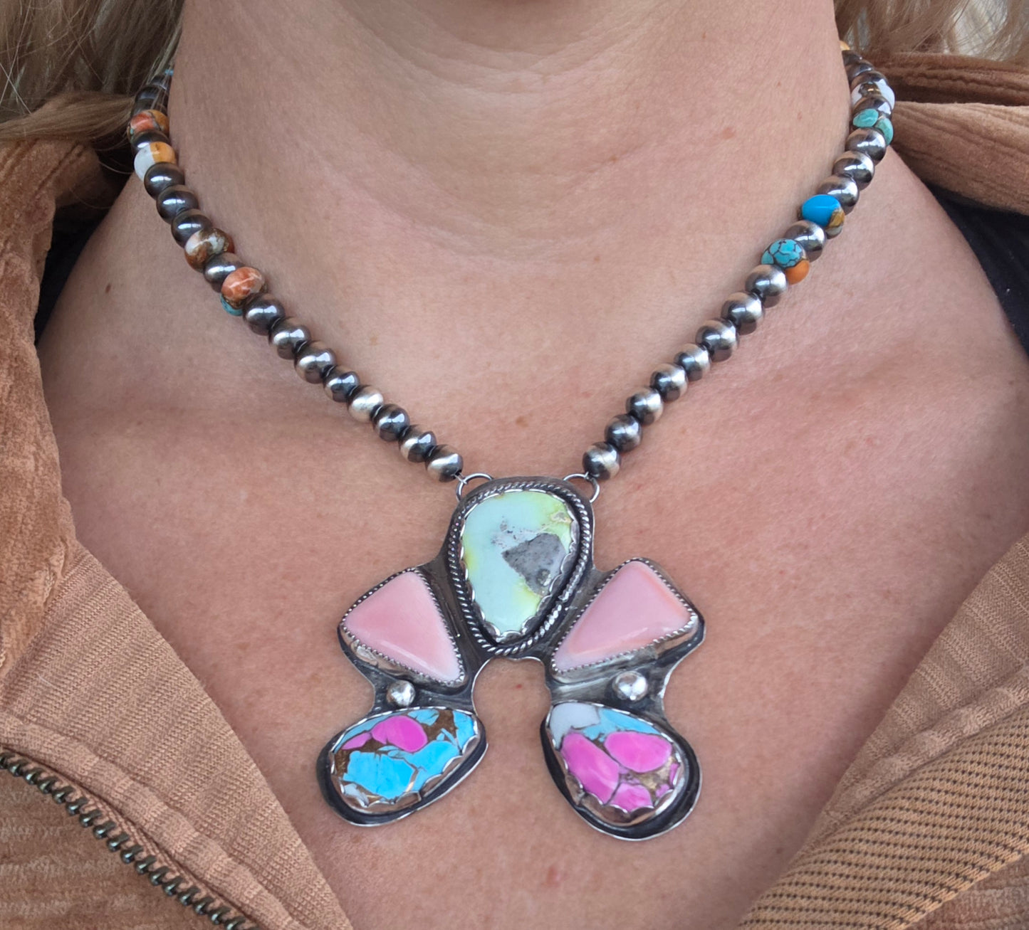 Palomino, Pink Conch, CottonCandy, Sterling Silver Navajo Style Pearls & Spiny Oyster Kingsmen Turquoise. 16 inches