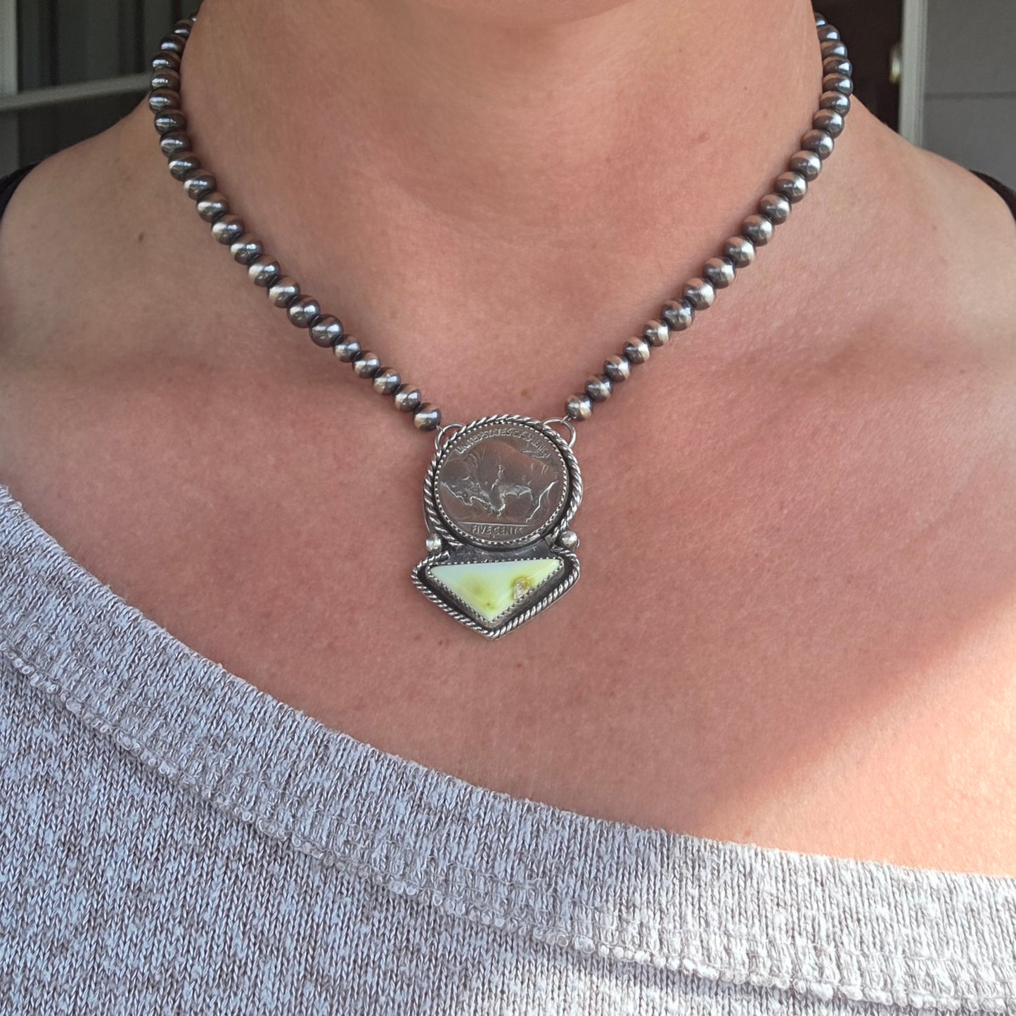 Buffalo Coin• Palomino • Sterling Silver Navajo Style Pearl 15.5 inches