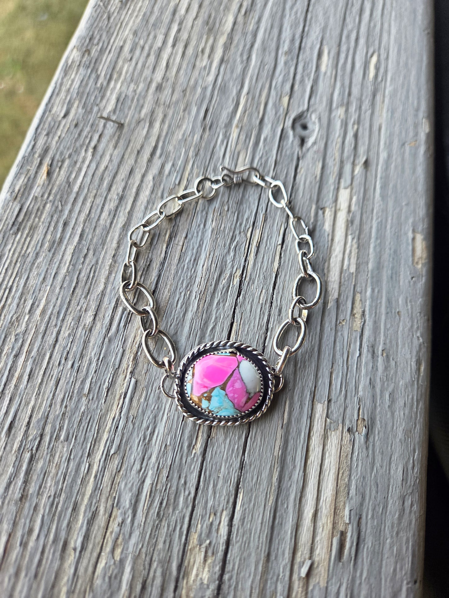 Sterling Silver Chain link adjustable bracelet & Cotton Candy Turquoise
