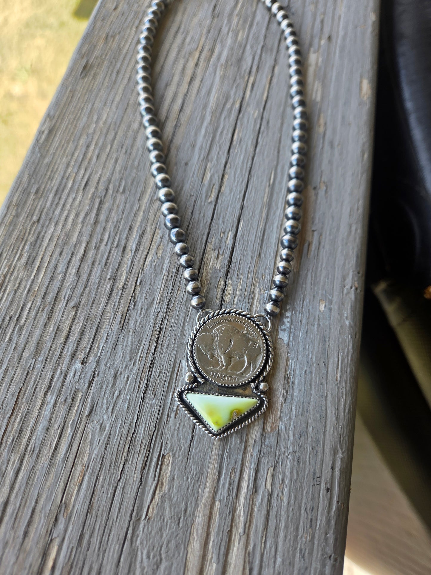 Buffalo Coin• Palomino • Sterling Silver Navajo Style Pearl 15.5 inches