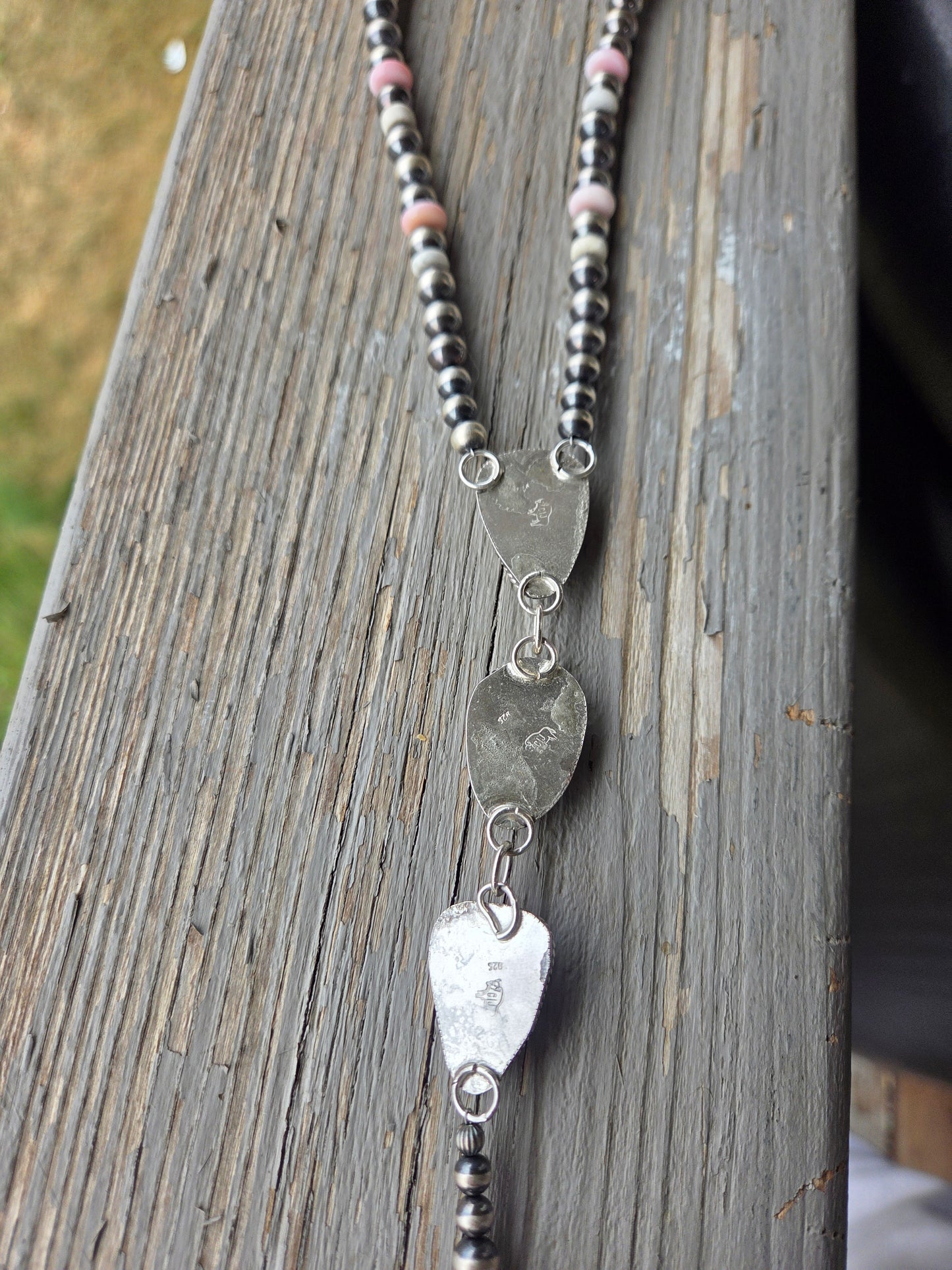 Pink Conch & White Buffalo Sterling Silver Navajo Style Pearls, White Buffalo, & Pink Conch 16 inches. 6 inch drop