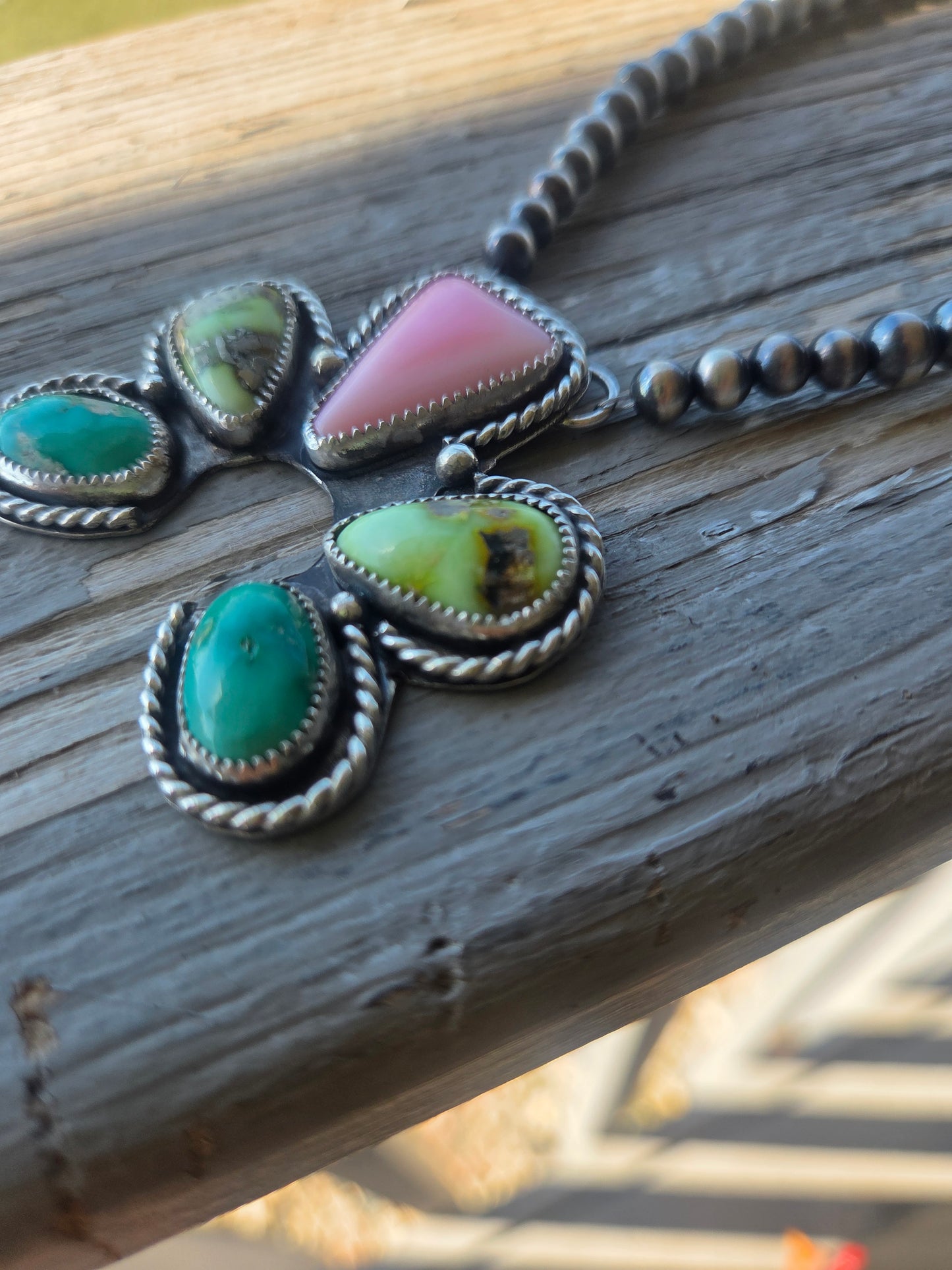 Palomino, Pink Conch, Emerald Valley Turquoise, Sterling Silver Navajo Style Pearls. 16 inches