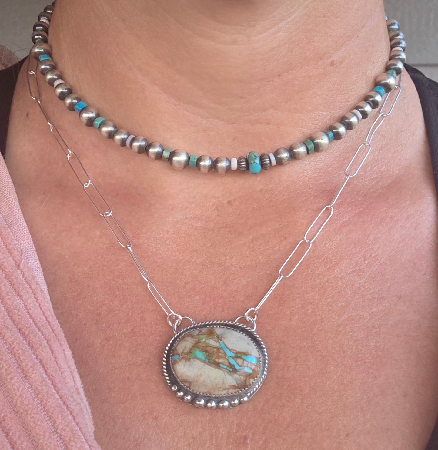 Boulder Turquoise on Paper Clip sterling Silver Chain