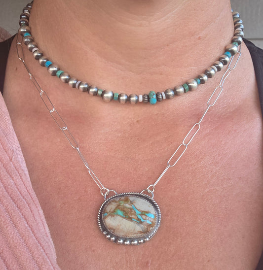 Boulder Turquoise on Paper Clip sterling Silver Chain