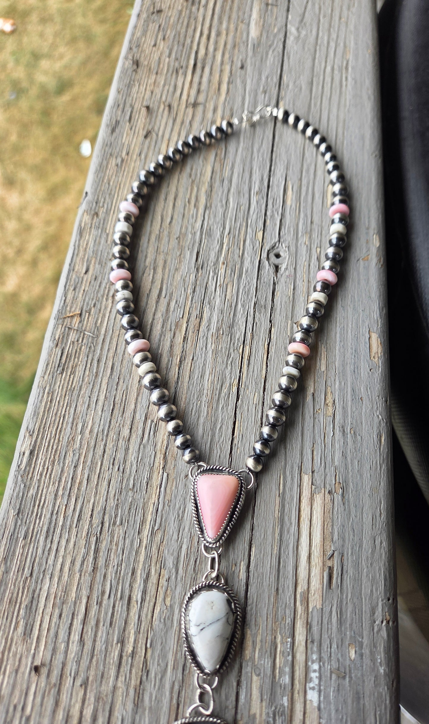 Pink Conch & White Buffalo Sterling Silver Navajo Style Pearls, White Buffalo, & Pink Conch 16 inches. 6 inch drop