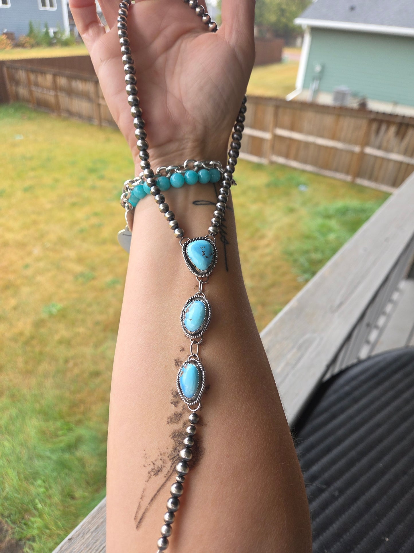 Choker Lariet Golden Hill Turquoise & Sterling Silver Navajo Style Pearl • 15.5 inches with 6 inch drop
