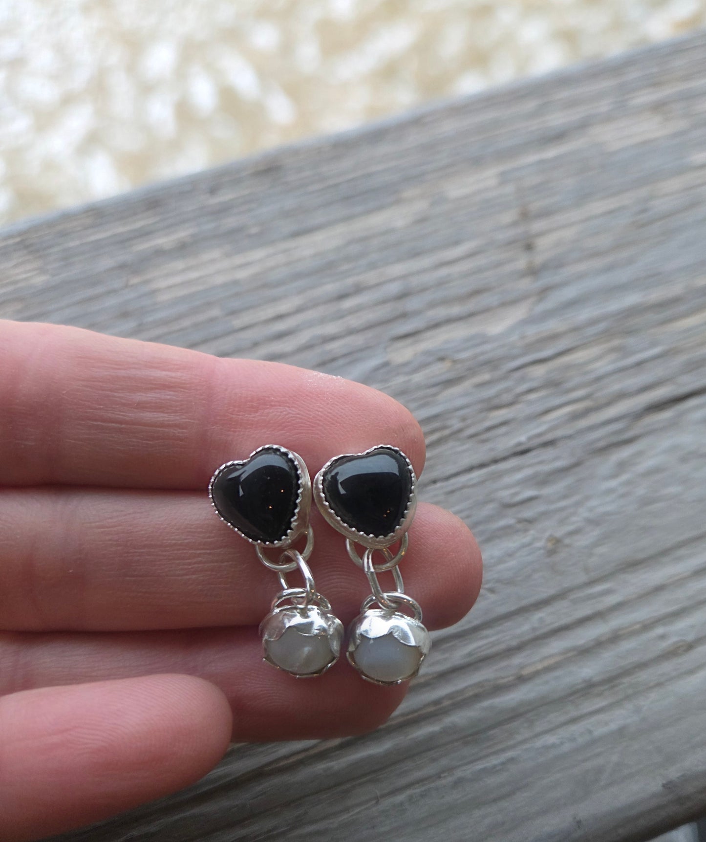 Black Onyx Heart & Mother of Pearl Earrings