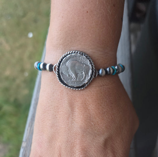 Buffalo Coin•Sterling Silver Navajo Style Pearl • Turquoise Sterling Silver Adjustable clasp.  fits size 6.25-8