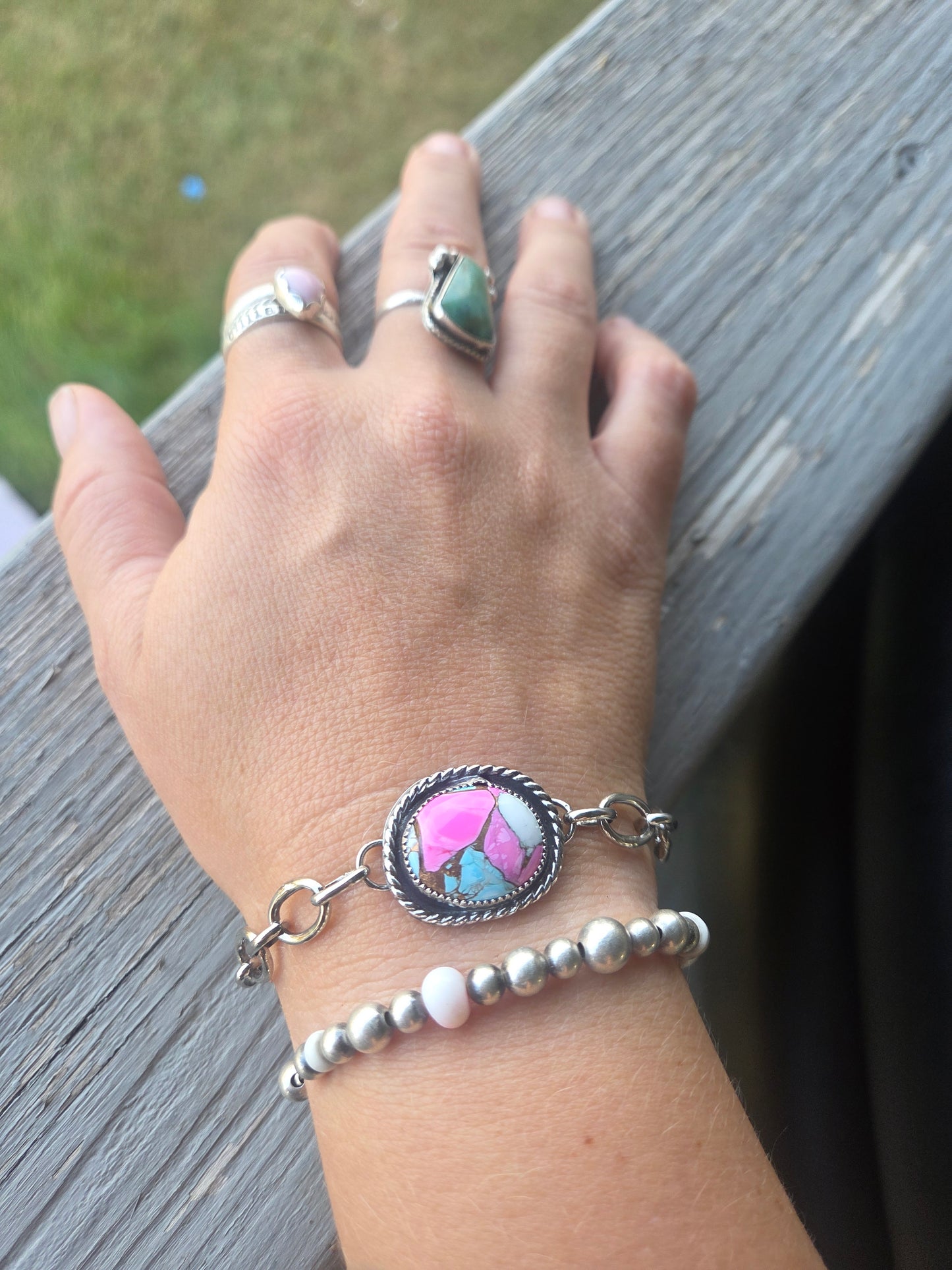 Sterling Silver Chain link adjustable bracelet & Cotton Candy Turquoise