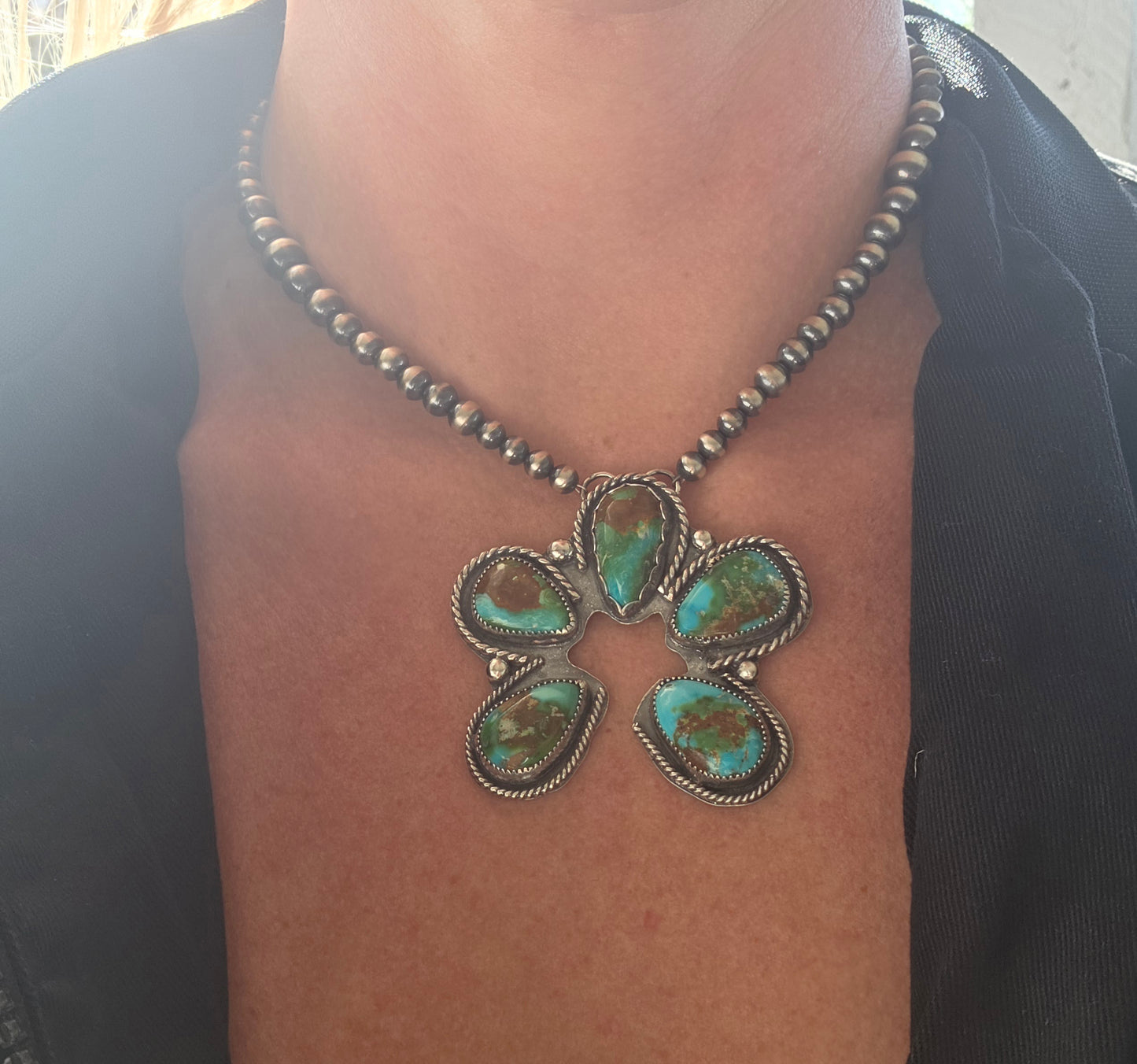 Sonoran Turquoise & Sterling Silver Navajo Style Pearls. 16 inches
