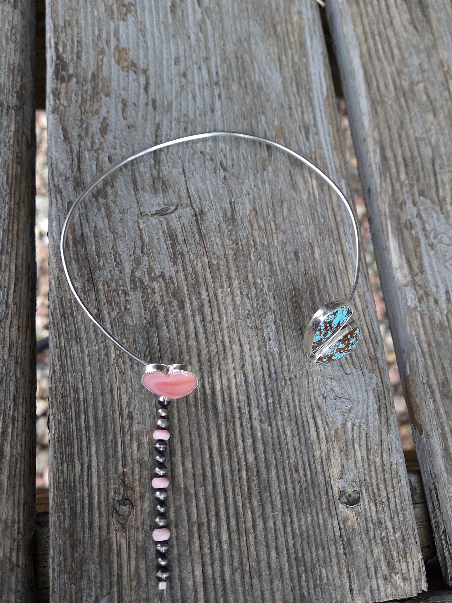 Royston Turquoise. Pink Conch Heart. Pink Conch Beads & Sterling Pearls Neck Cuff
