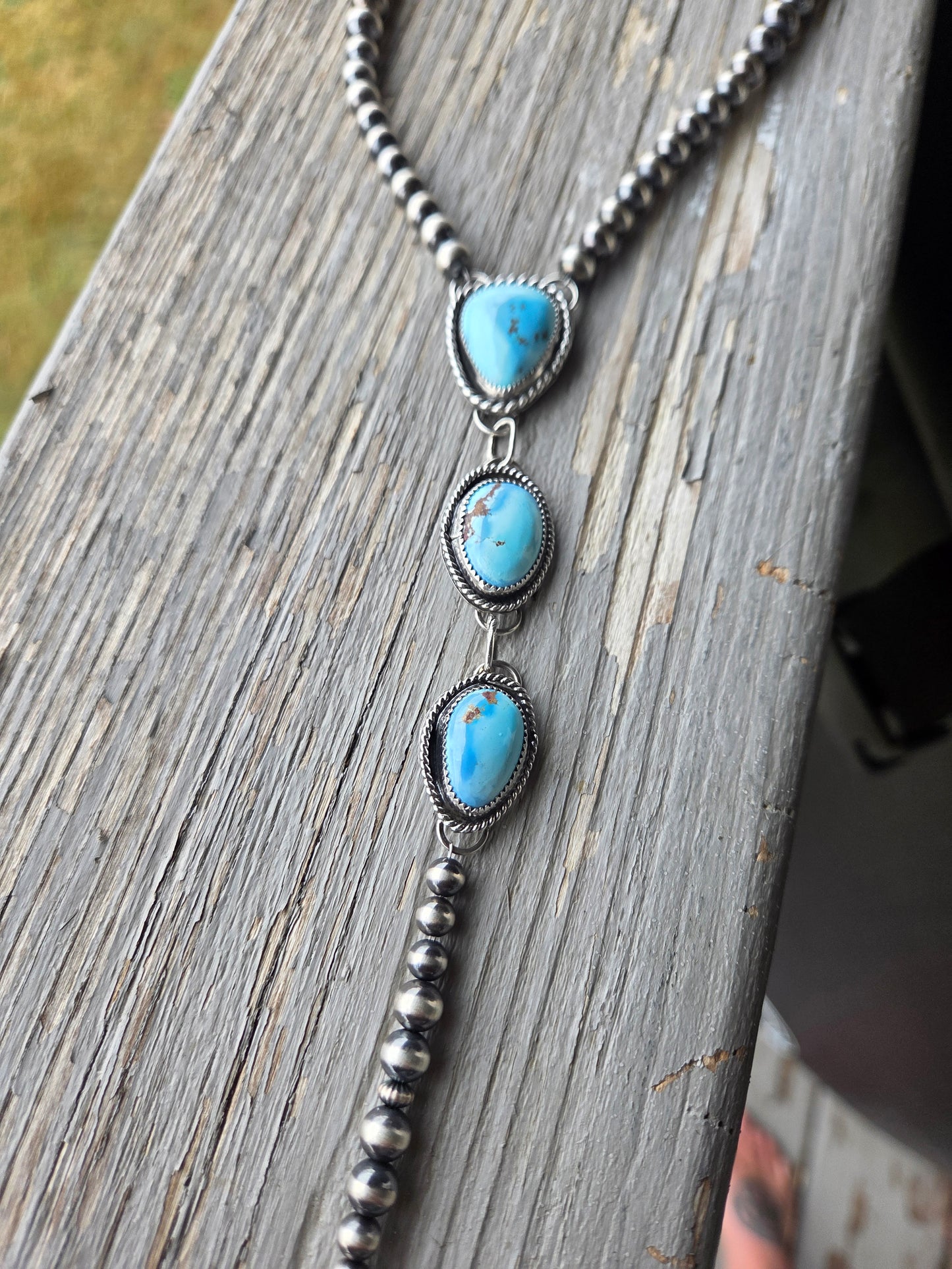 Choker Lariet Golden Hill Turquoise & Sterling Silver Navajo Style Pearl • 15.5 inches with 6 inch drop