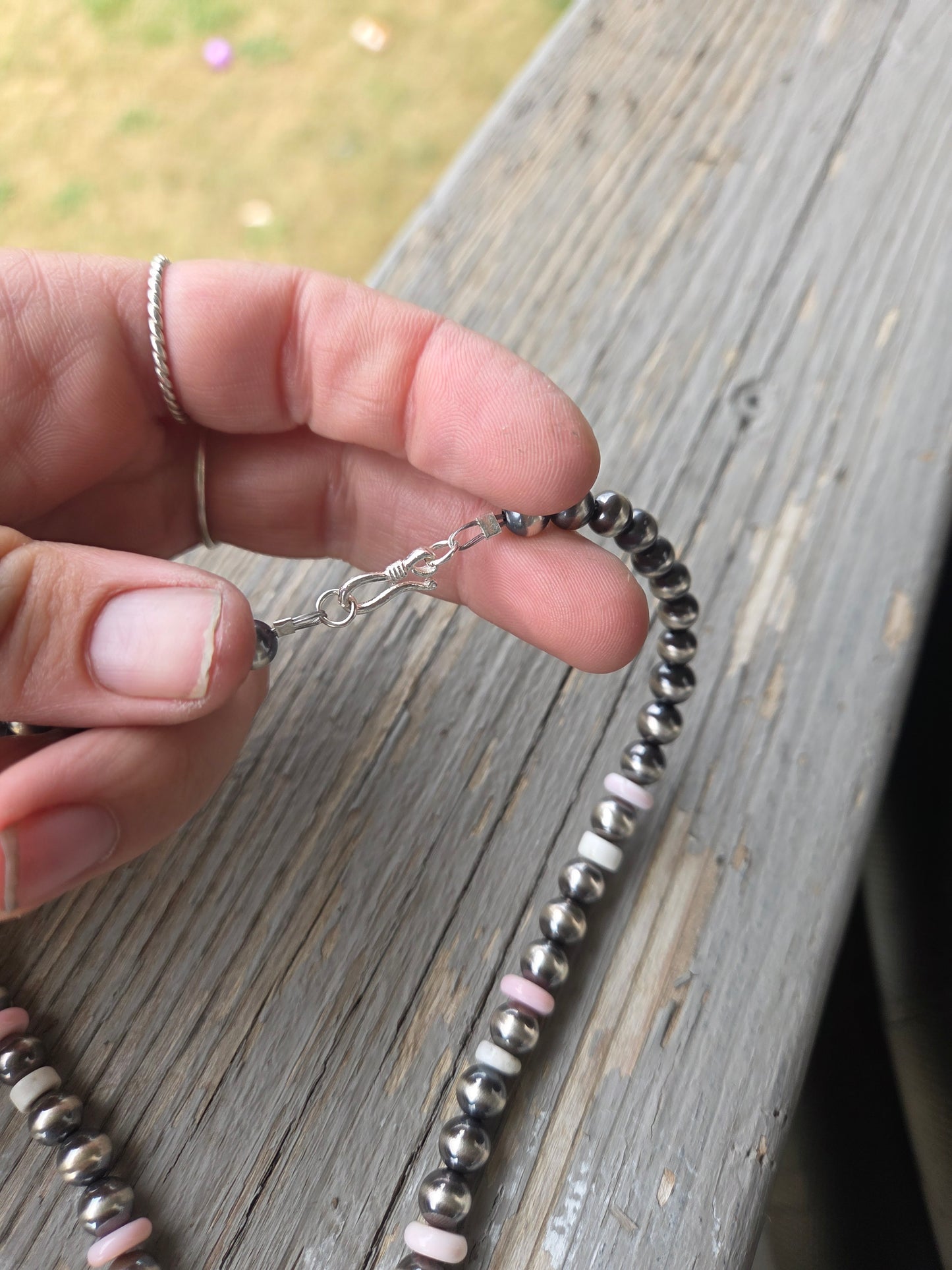 Pink Conch & White Buffalo Sterling Silver Navajo Style Pearls, White Buffalo, & Pink Conch 16 inches. 6 inch drop