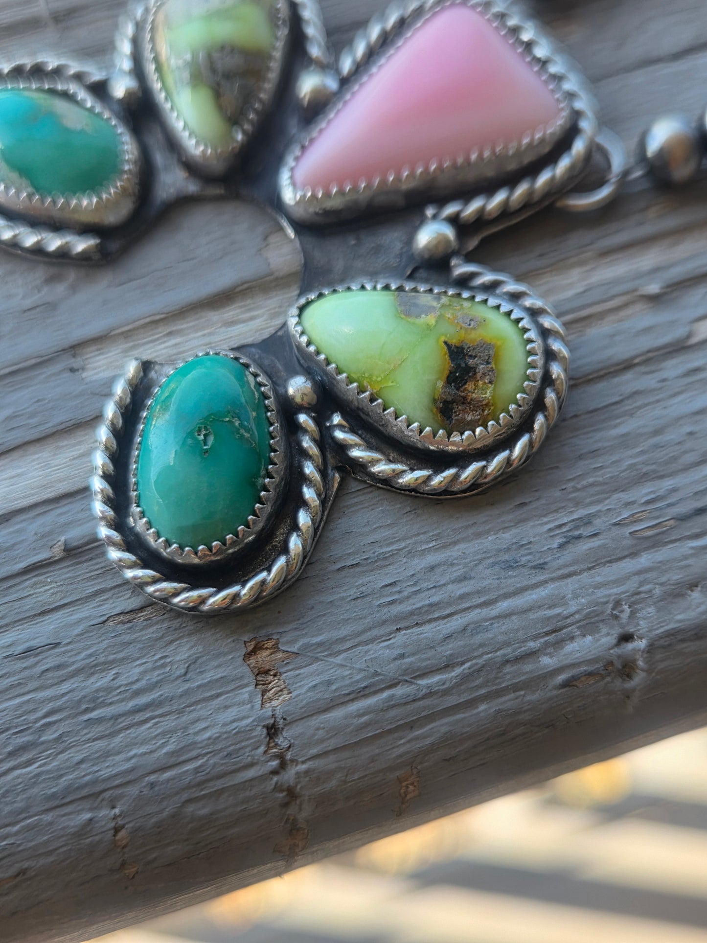 Palomino, Pink Conch, Emerald Valley Turquoise, Sterling Silver Navajo Style Pearls. 16 inches