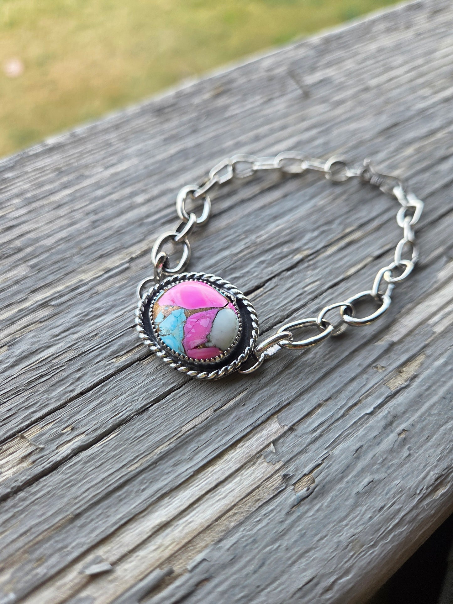 Sterling Silver Chain link adjustable bracelet & Cotton Candy Turquoise
