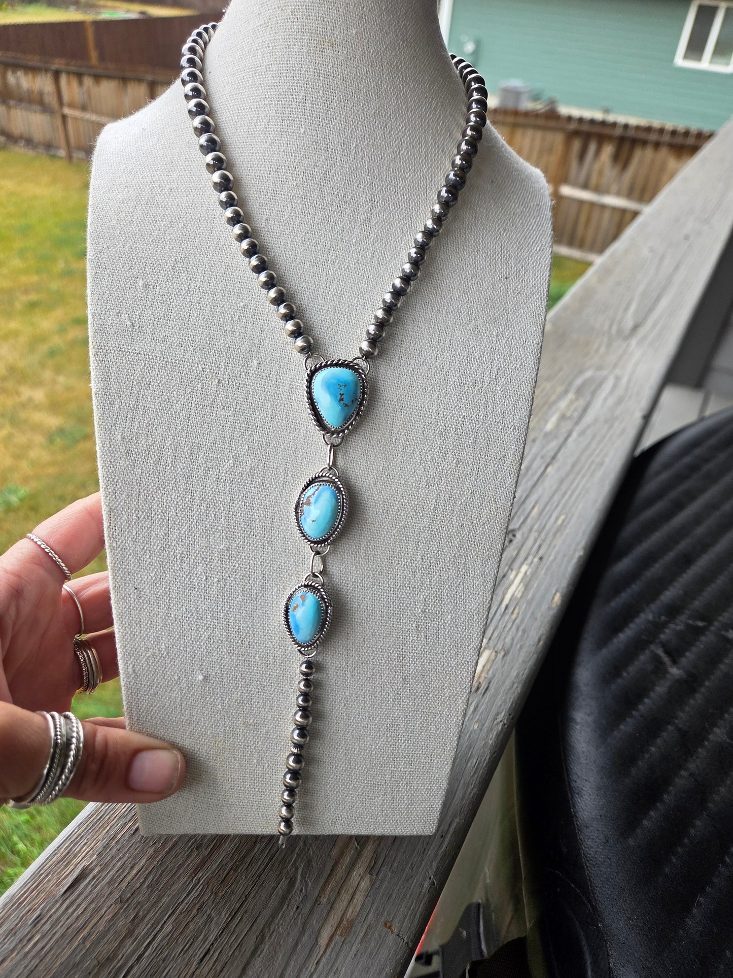 Choker Lariet Golden Hill Turquoise & Sterling Silver Navajo Style Pearl • 15.5 inches with 6 inch drop