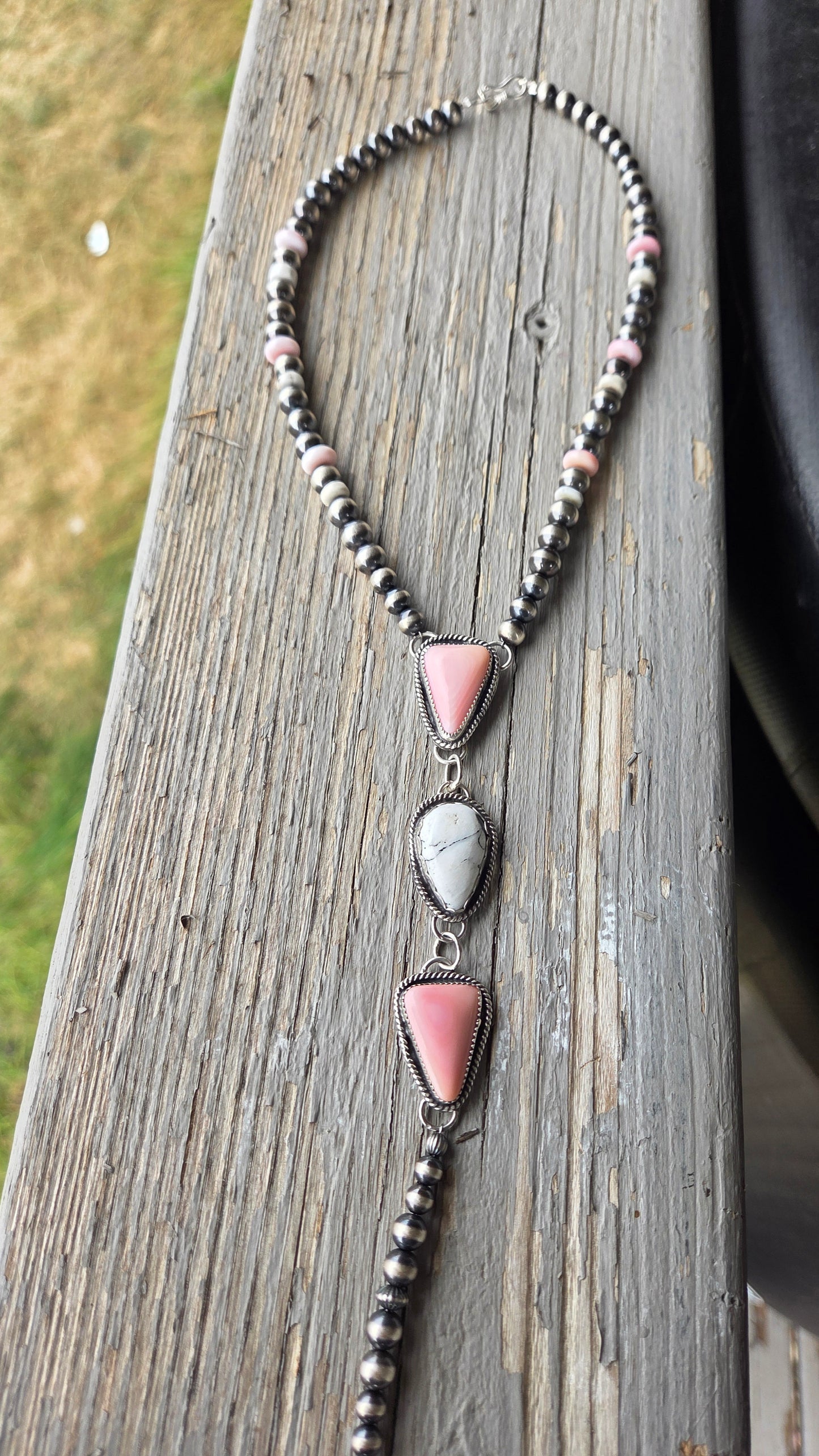 Pink Conch & White Buffalo Sterling Silver Navajo Style Pearls, White Buffalo, & Pink Conch 16 inches. 6 inch drop
