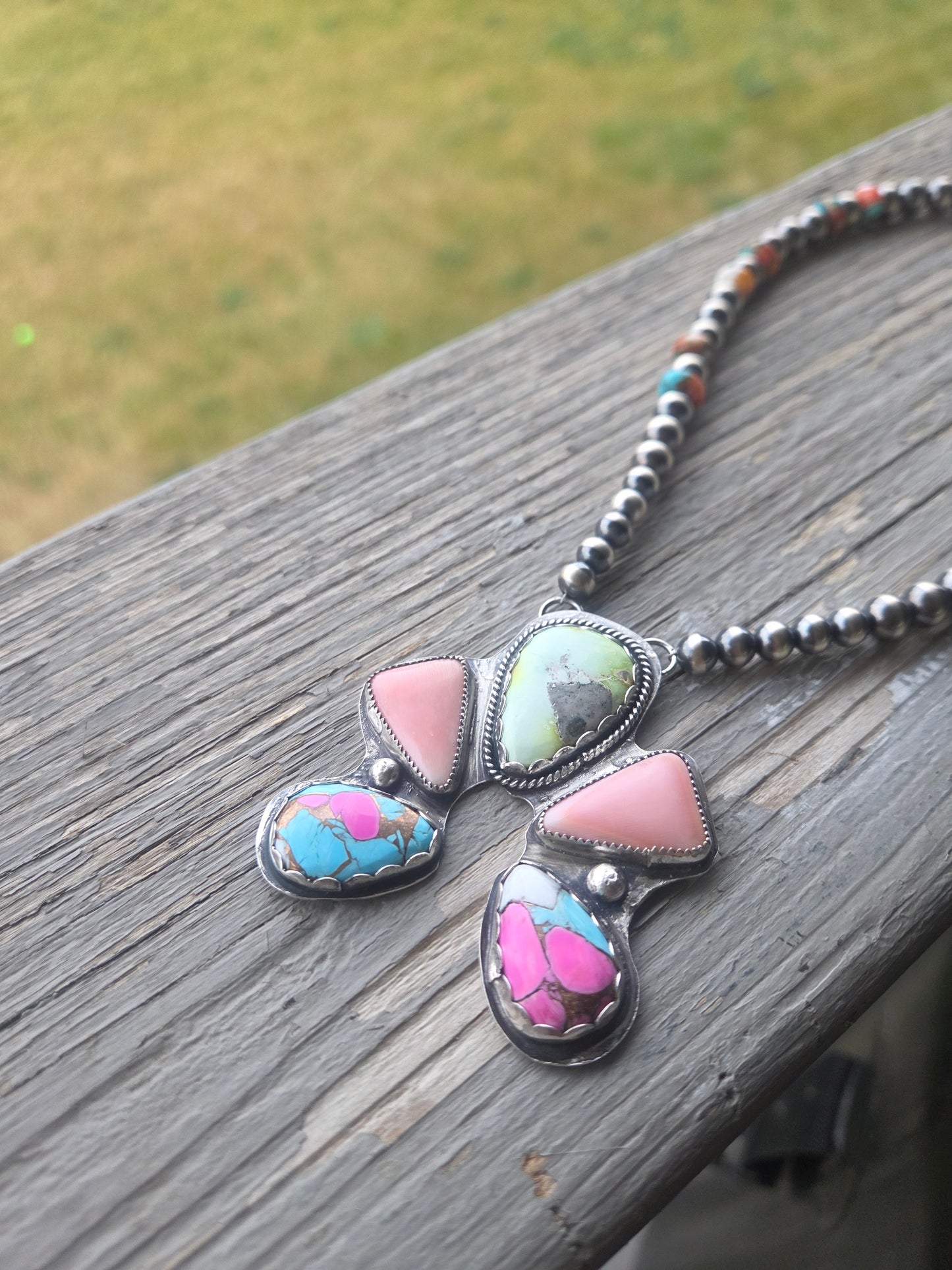 Palomino, Pink Conch, CottonCandy, Sterling Silver Navajo Style Pearls & Spiny Oyster Kingsmen Turquoise. 16 inches