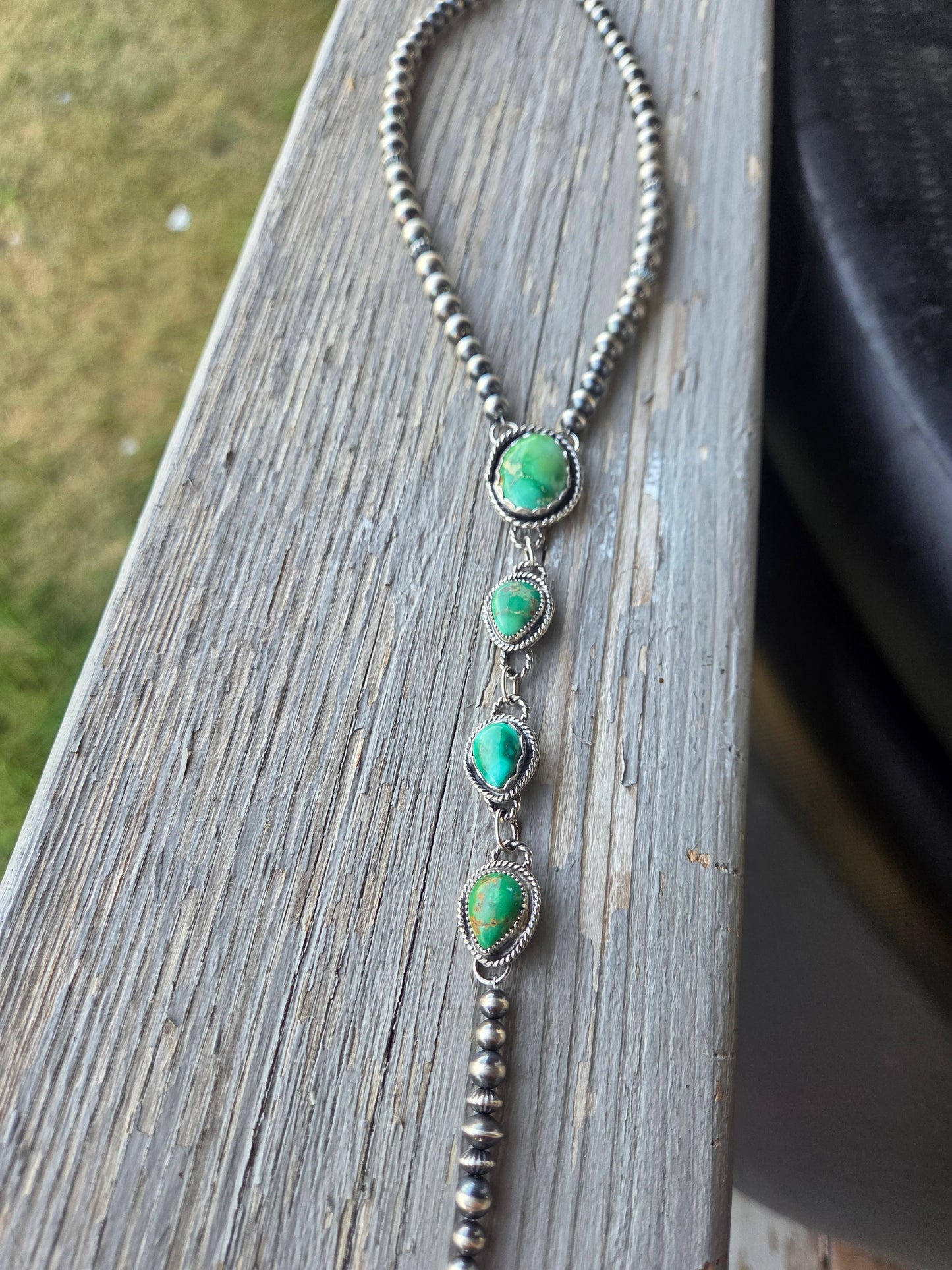 Choker Lariet Emerald Valley & Sonoran Turquoise & Sterling Silver Navajo Style Pearl • 16 inches with 6 inch drop