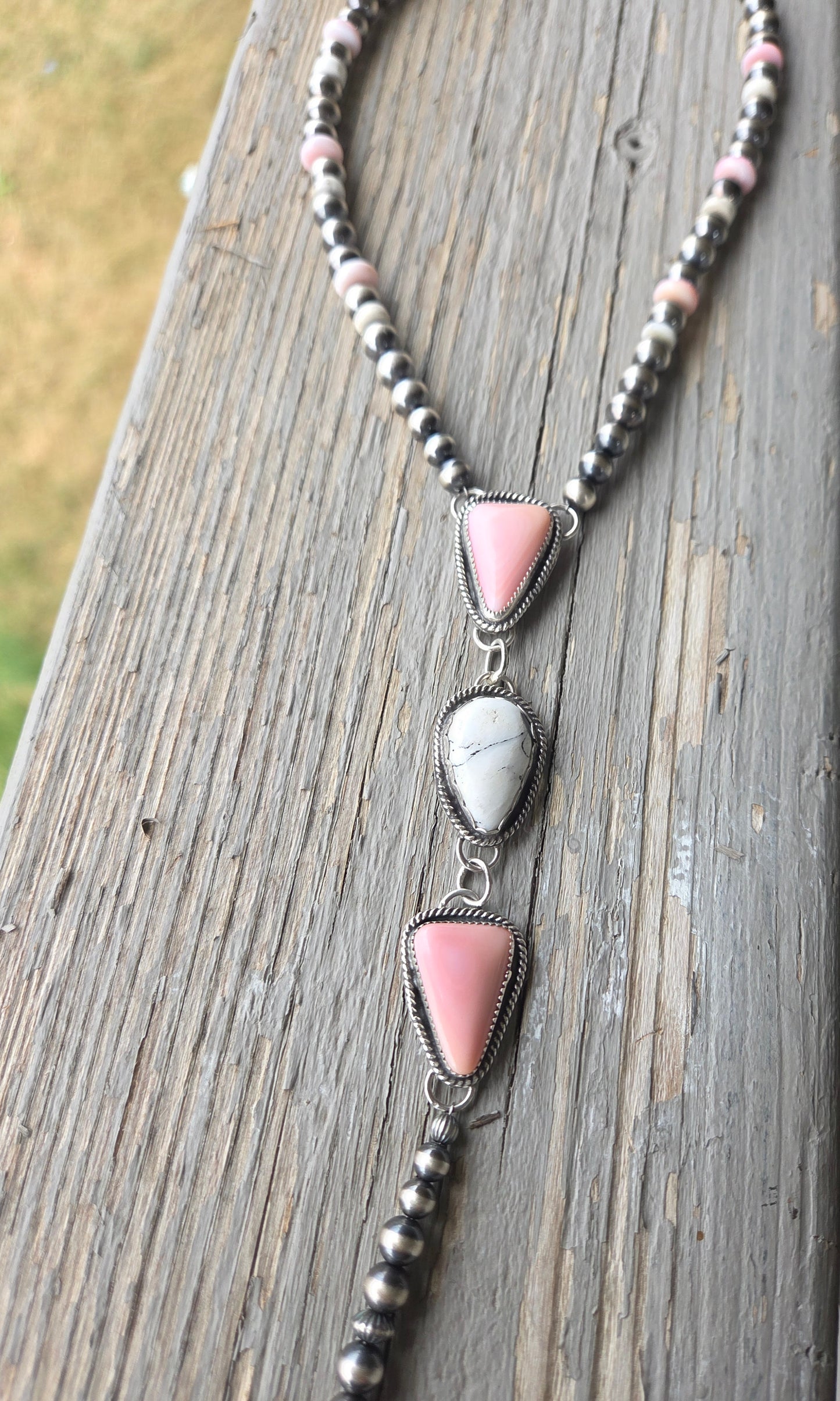 Pink Conch & White Buffalo Sterling Silver Navajo Style Pearls, White Buffalo, & Pink Conch 16 inches. 6 inch drop