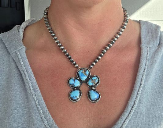 Golden Hill Turquoise, Sterling Silver Navajo Style Pearls. 17 inches