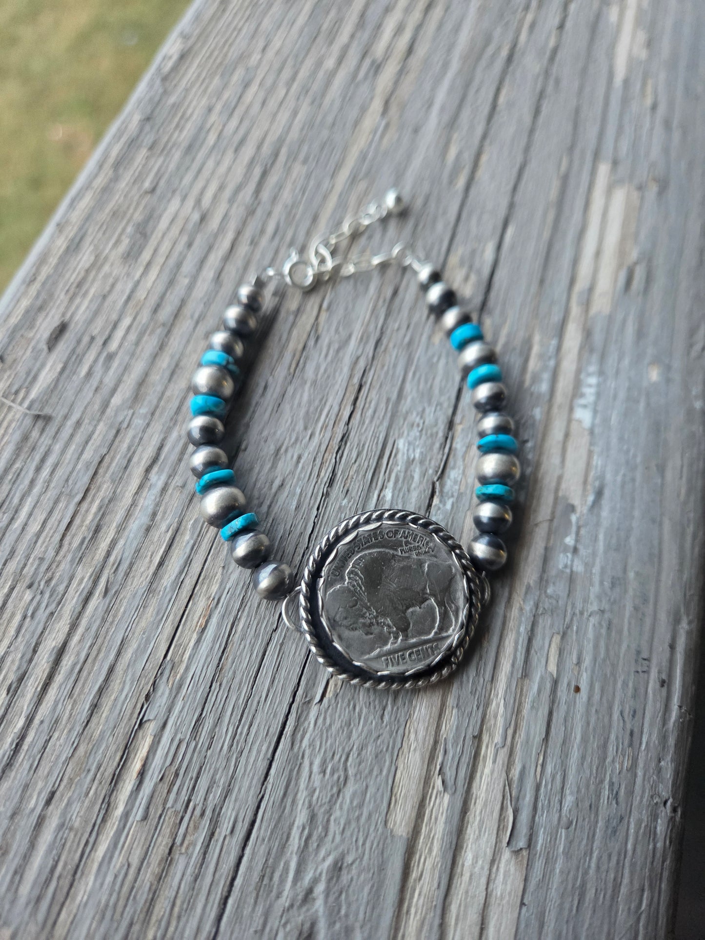 Buffalo Coin•Sterling Silver Navajo Style Pearl • Turquoise Sterling Silver Adjustable clasp.  fits size 6.25-8