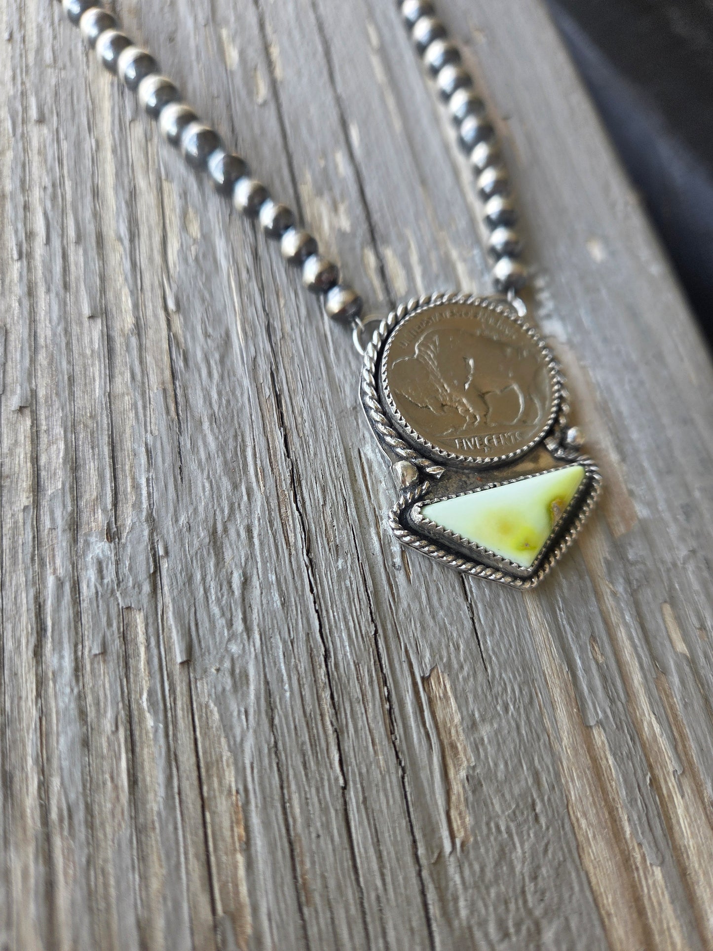 Buffalo Coin• Palomino • Sterling Silver Navajo Style Pearl 15.5 inches