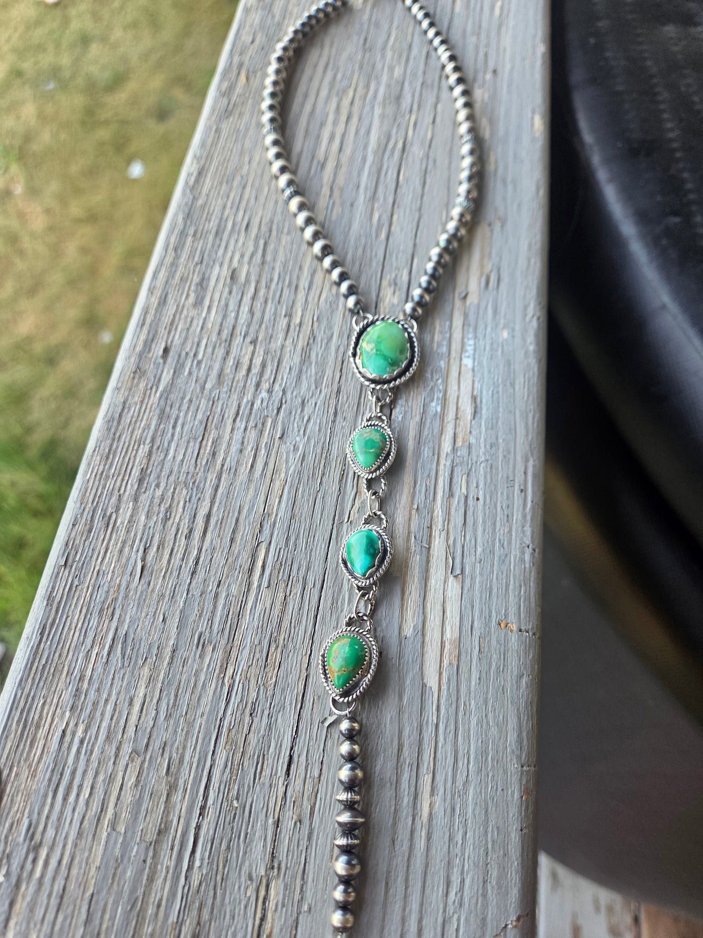 Choker Lariet Emerald Valley & Sonoran Turquoise & Sterling Silver Navajo Style Pearl • 16 inches with 6 inch drop