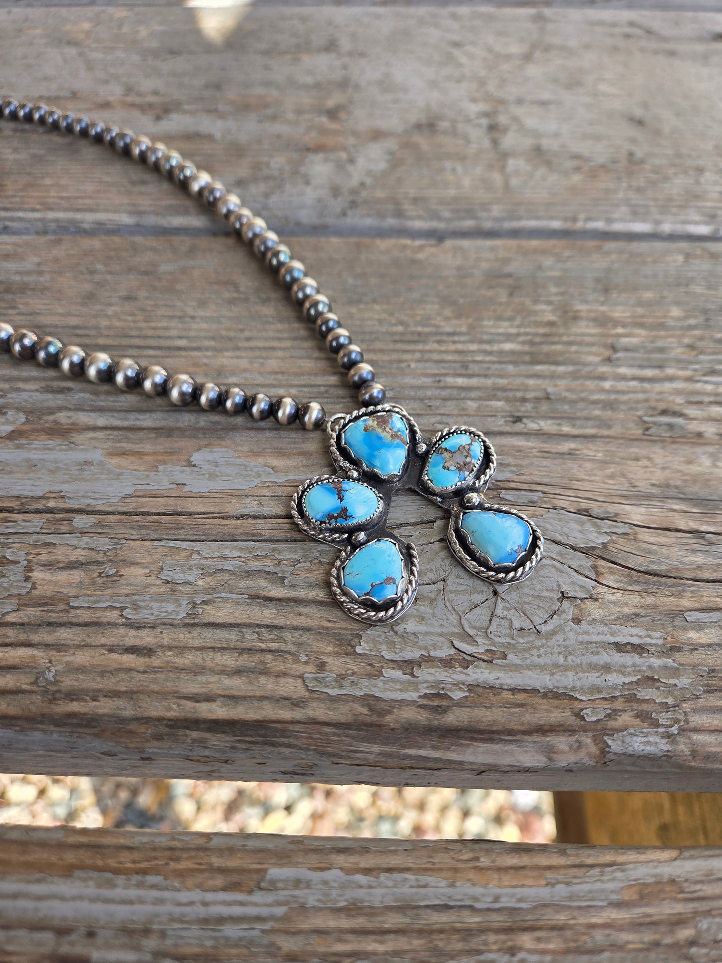 Golden Hill Turquoise, Sterling Silver Navajo Style Pearls. 17 inches