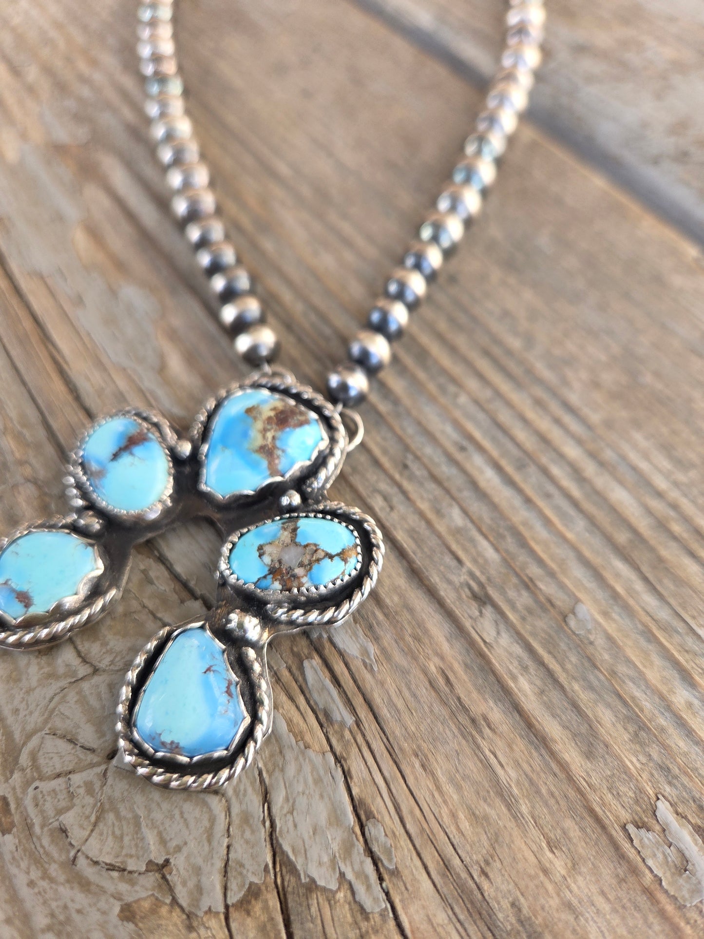 Golden Hill Turquoise, Sterling Silver Navajo Style Pearls. 17 inches