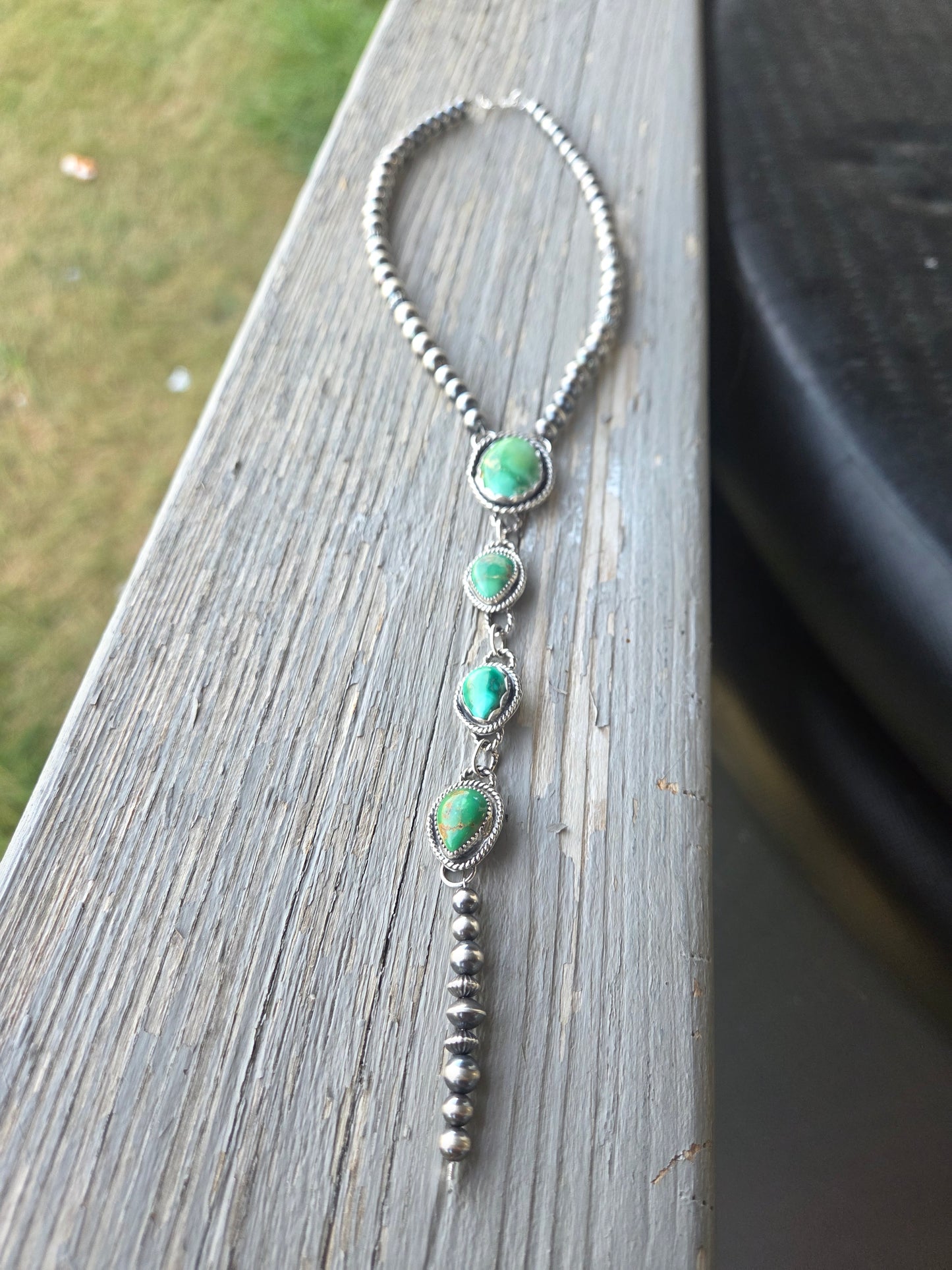 Choker Lariet Emerald Valley & Sonoran Turquoise & Sterling Silver Navajo Style Pearl • 16 inches with 6 inch drop